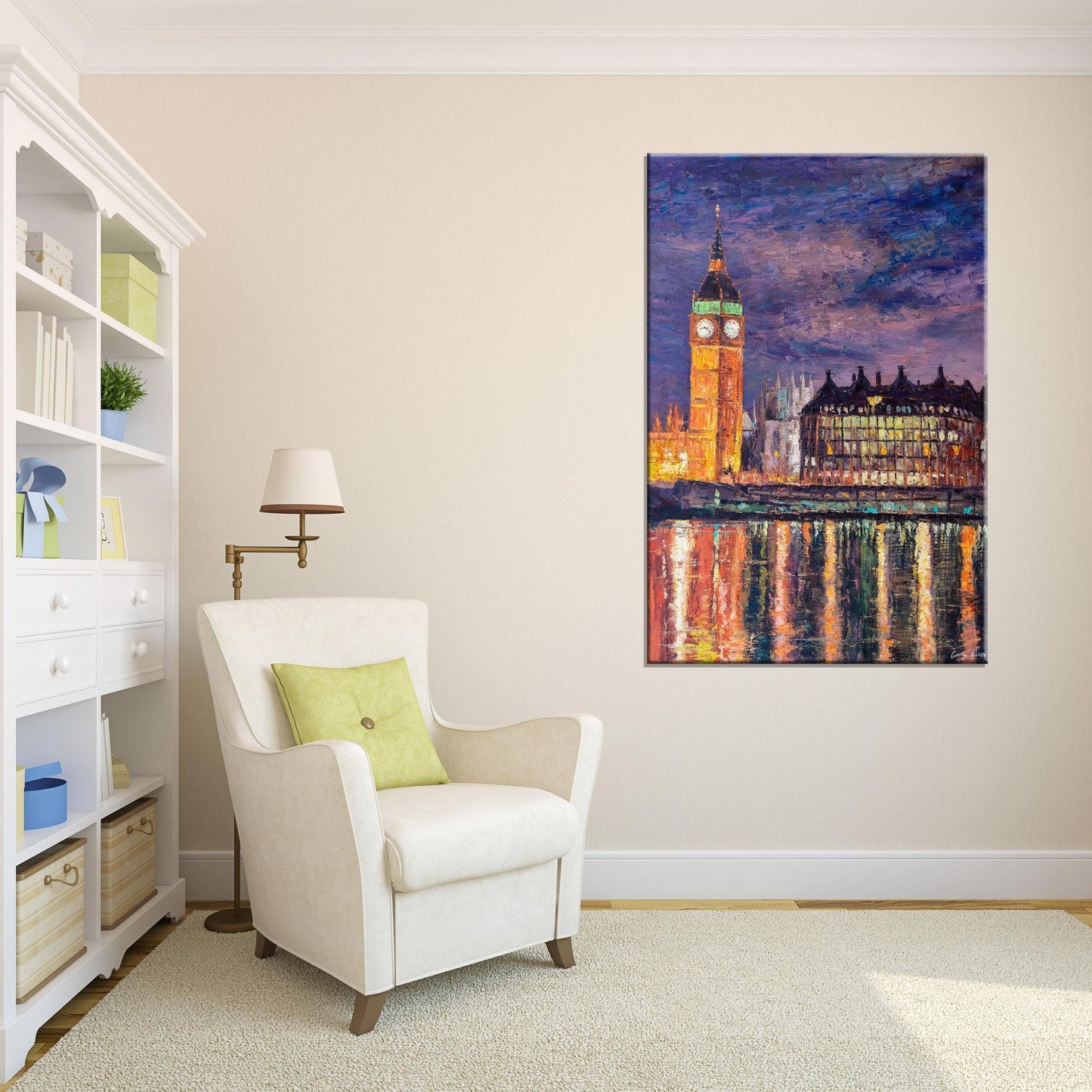 Large Oil Painting Tower of London on the River Thames at Night, Original Abstract Painting, Abstract Landscape Painting, Contemporary Art