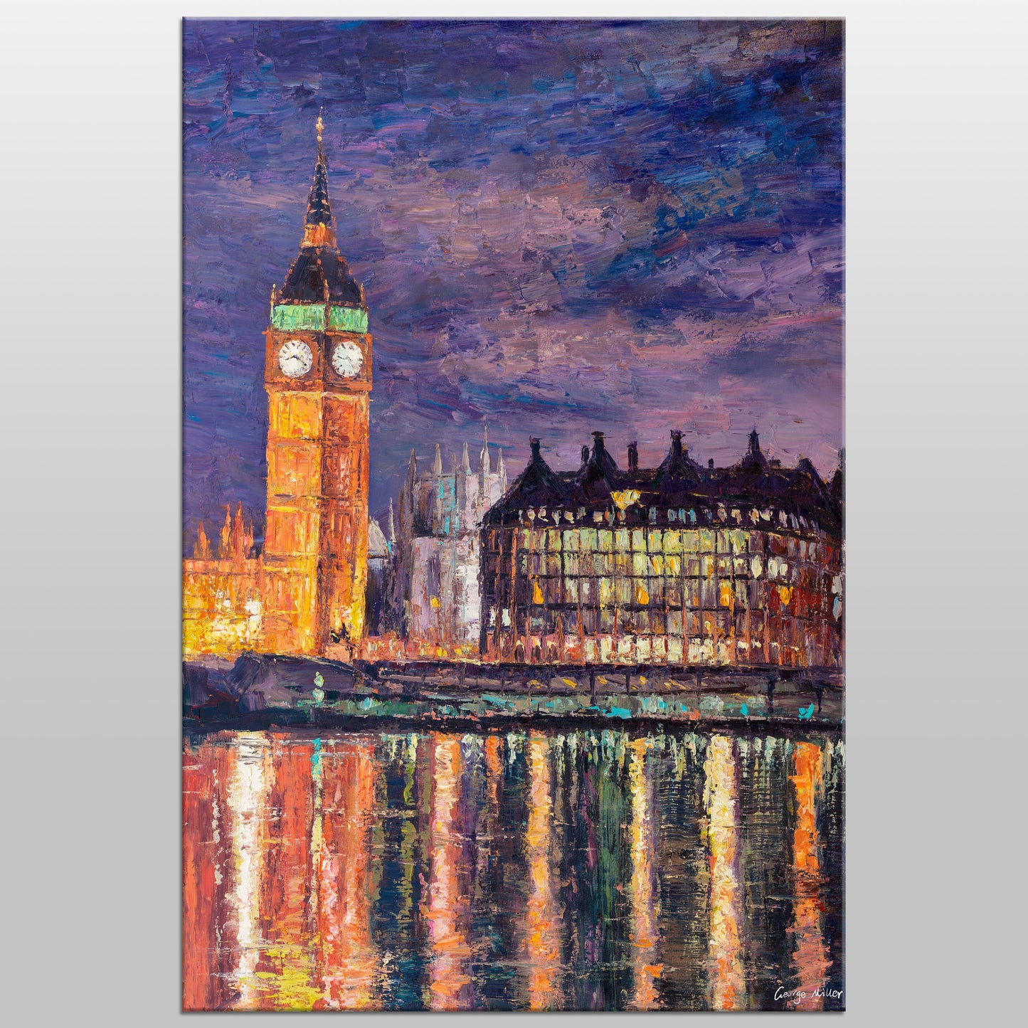 Large Oil Painting Tower of London on the River Thames at Night, Original Abstract Painting, Abstract Landscape Painting, Contemporary Art