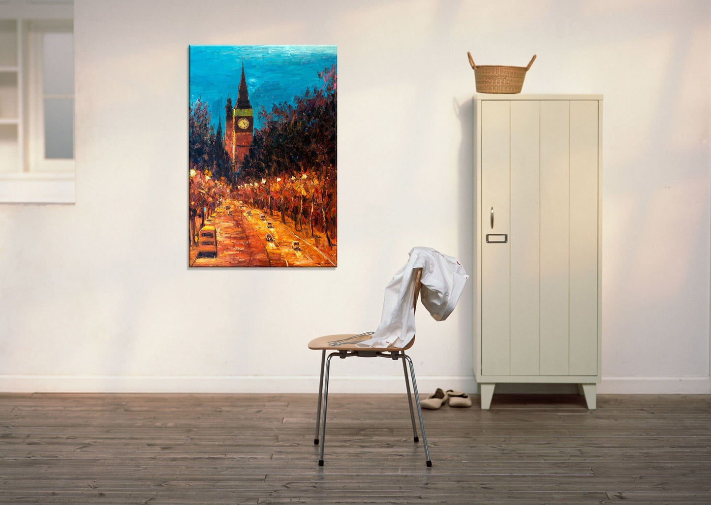 Original Oil Painting London Tower Street at Night, Painting Abstract, Wall Decor, Large Art, Master Bedroom Decor, Palette Knife Modern Art