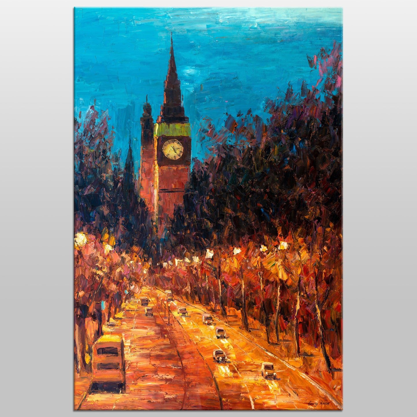 Original Oil Painting London Tower Street at Night, Painting Abstract, Wall Decor, Large Art, Master Bedroom Decor, Palette Knife Modern Art