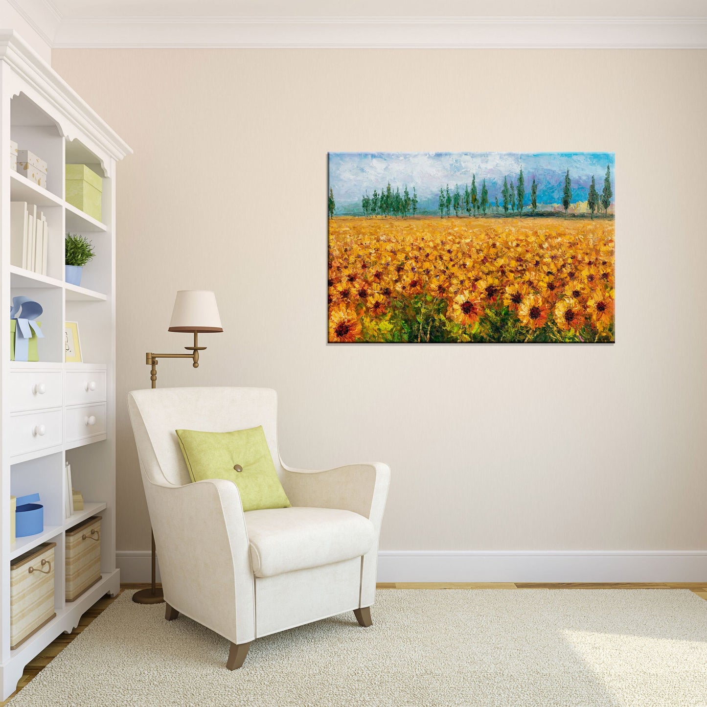 Add Some Charm to Your Home with George Miller's Vibrant Oil Painting of Sunflower Fields - Ready to Hang 32x48-Inches, Housewarming Gift