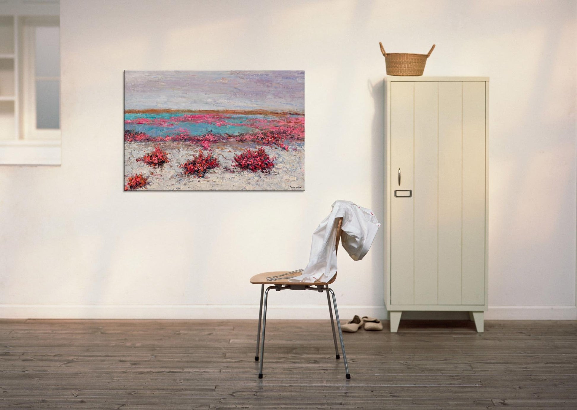 Oil Painting Red Flowers By The Sea, Canvas Painting, Oil Painting, Abstract Landscape, Extra Large Wall Art, Handmade, Rustic Oil Painting