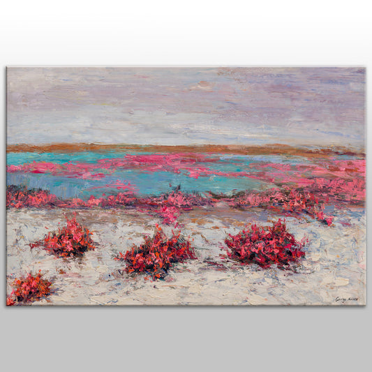 Oil Painting Red Flowers By The Sea, Canvas Painting, Oil Painting, Abstract Landscape, Extra Large Wall Art, Handmade, Rustic Oil Painting