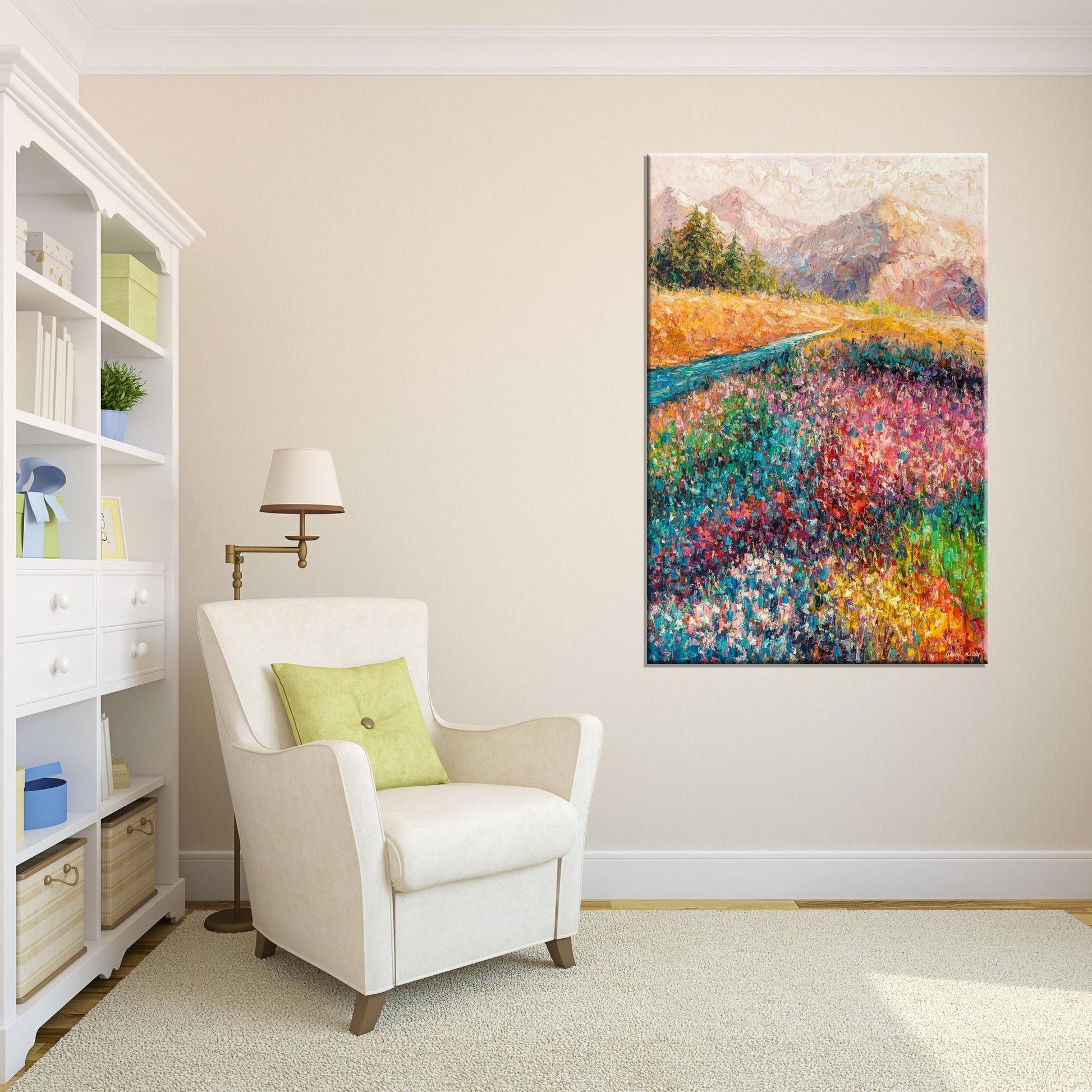Add Life to Your Walls with this George Miller Original Oil Painting of Mountains with Wildflowers - Oversized 32x48-Inch Wall Art