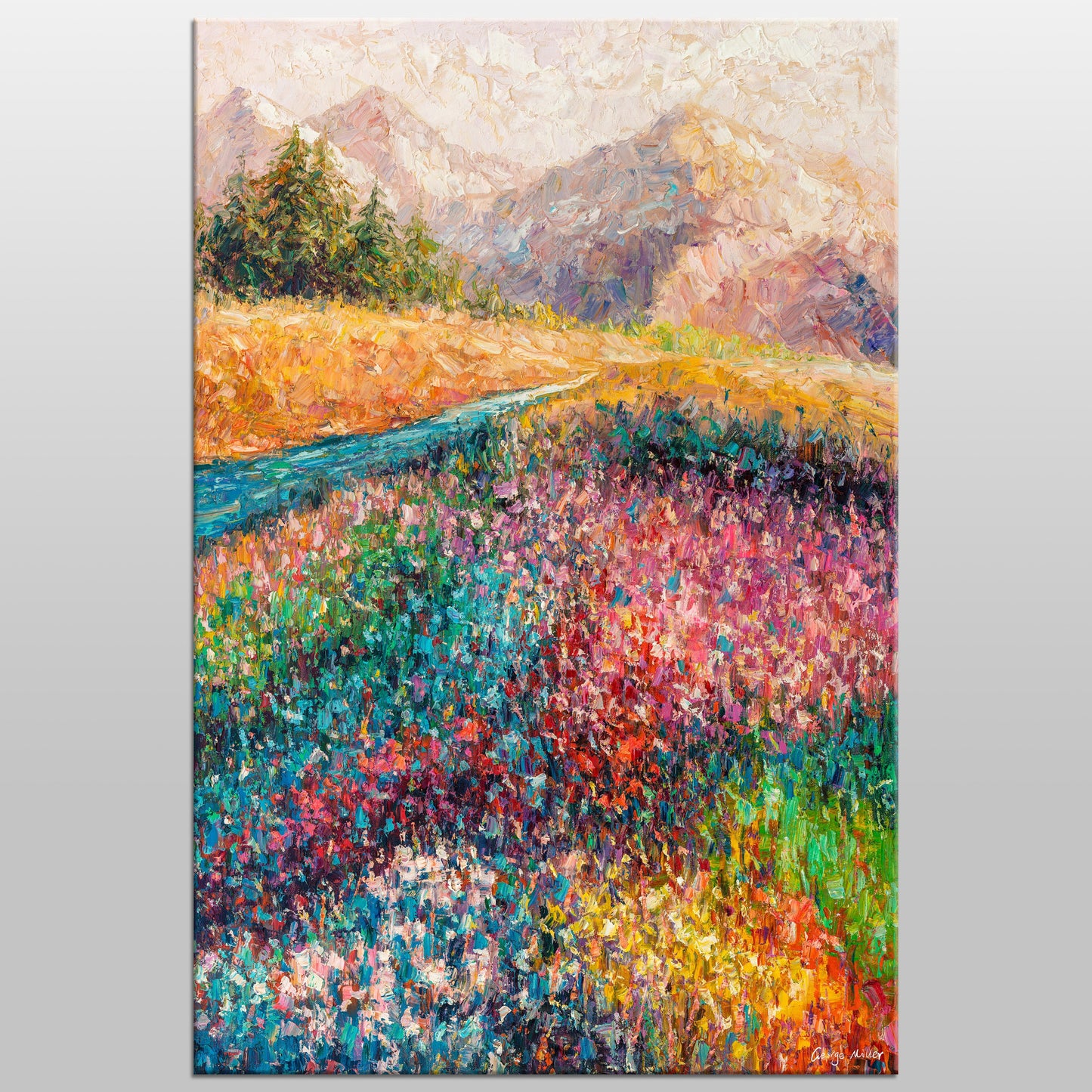 Add Life to Your Walls with this George Miller Original Oil Painting of Mountains with Wildflowers - Oversized 32x48-Inch Wall Art