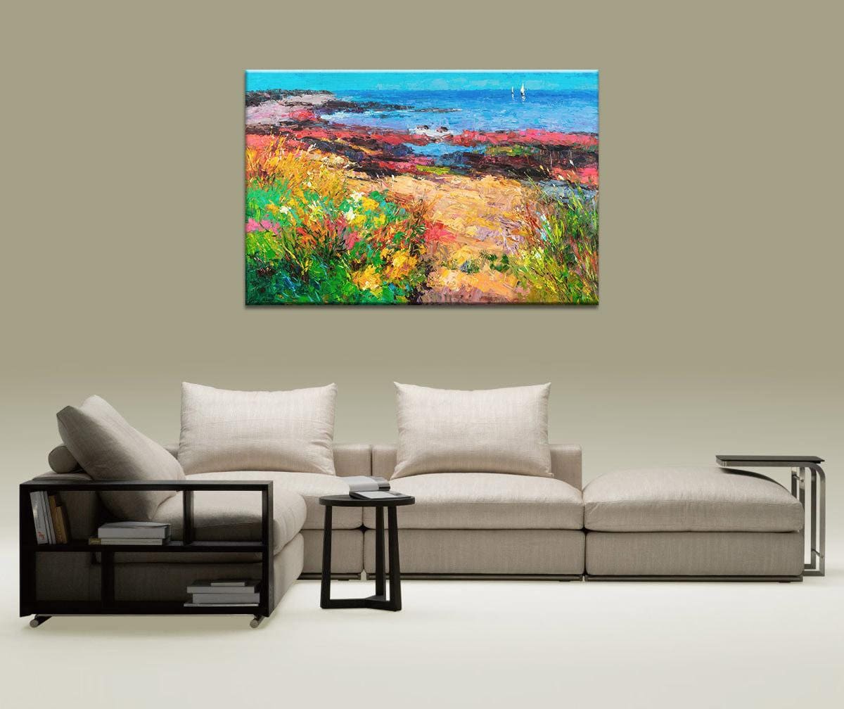 Oil Painting Landscape Flowers By The Sea, Canvas Painting, Oil Painting, Large Landscape Paintings On Canvas, Large Wall Art, Handmade Art