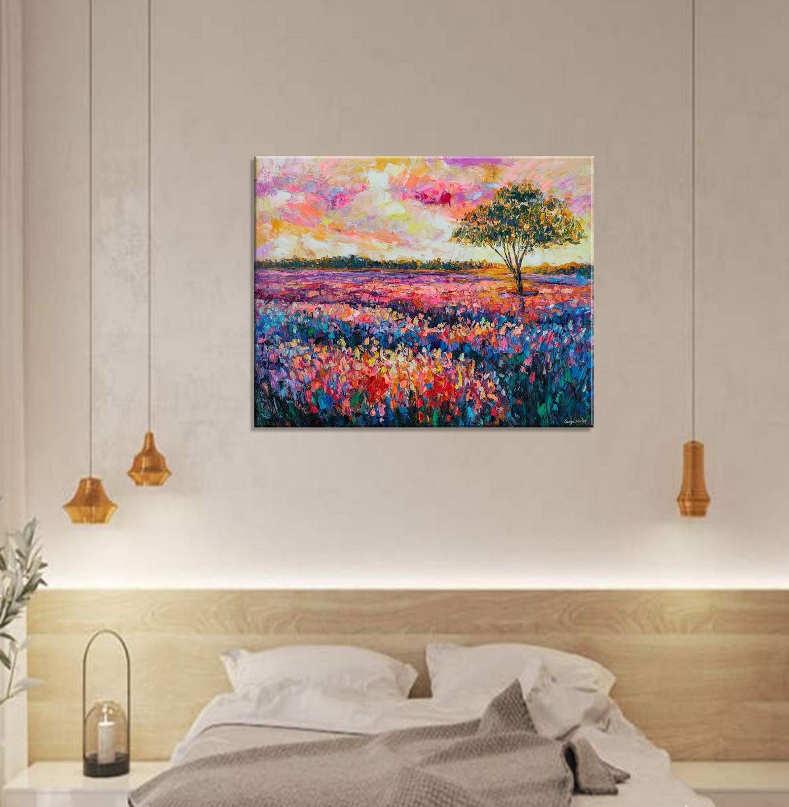 Oil Painting, Landscape Painting, French Mediterranean Lavender Field Dawn, Original Landscape Oil Paintings, Large Painting, Palette Knife