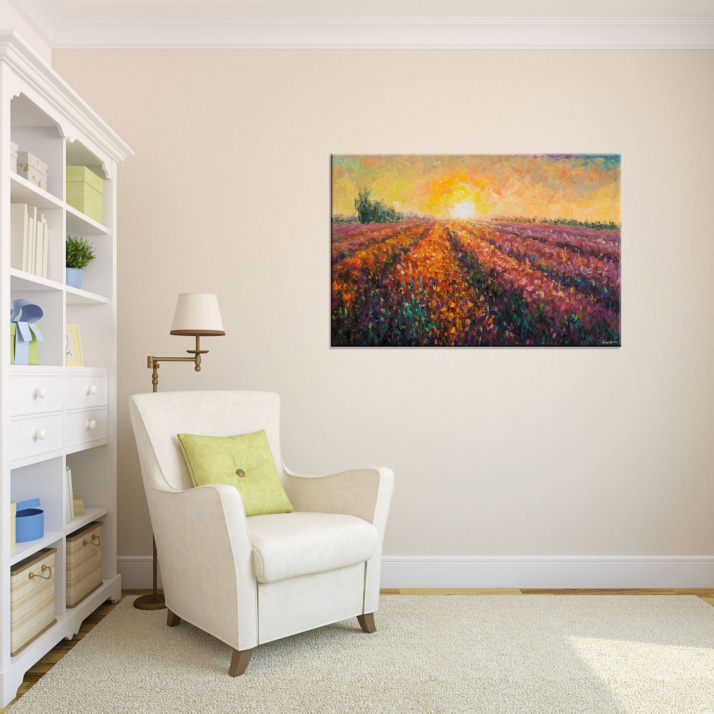 Provence Lavender Fields Sunrise Oil Painting, Large Canvas Painting, Original Landscape Painting, Modern Painting, Abstract Painting