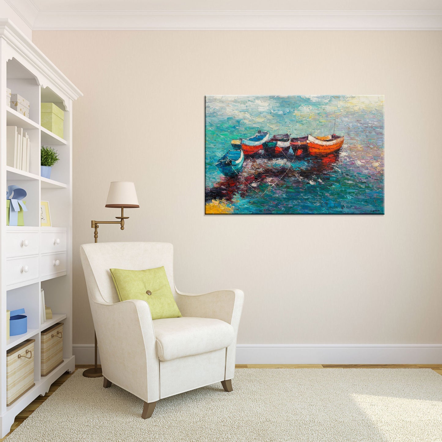 Oil Painting Seascape Fishing Boat at Dawn, Canvas Art, Canvas Wall Art, Abstract Art, Original Painting, Modern Art, Large Oil Painting