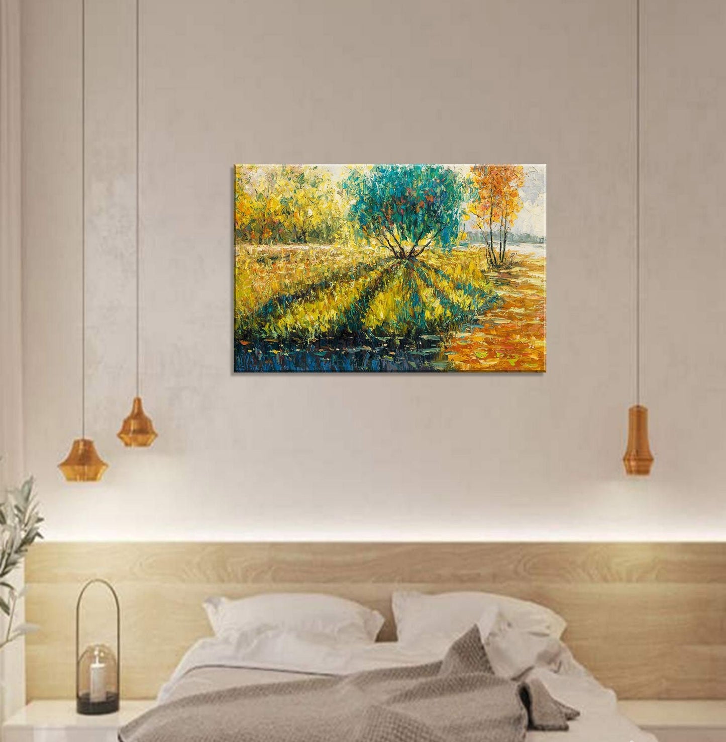 Modern Art, Abstract Canvas Art, Oil Painting Landscape Spring Fields by the Lake, Beach Painting, Large Canvas Art, Oil Painting Landscape