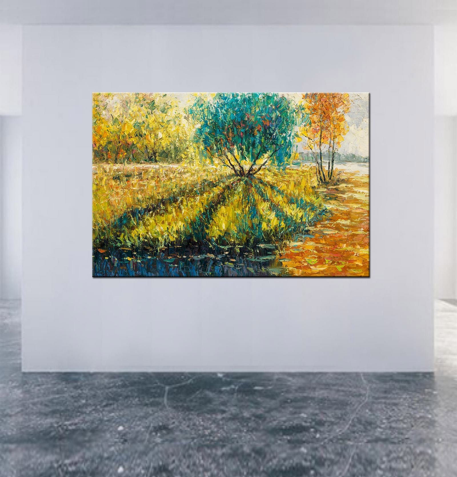 Modern Art, Abstract Canvas Art, Oil Painting Landscape Spring Fields by the Lake, Beach Painting, Large Canvas Art, Oil Painting Landscape