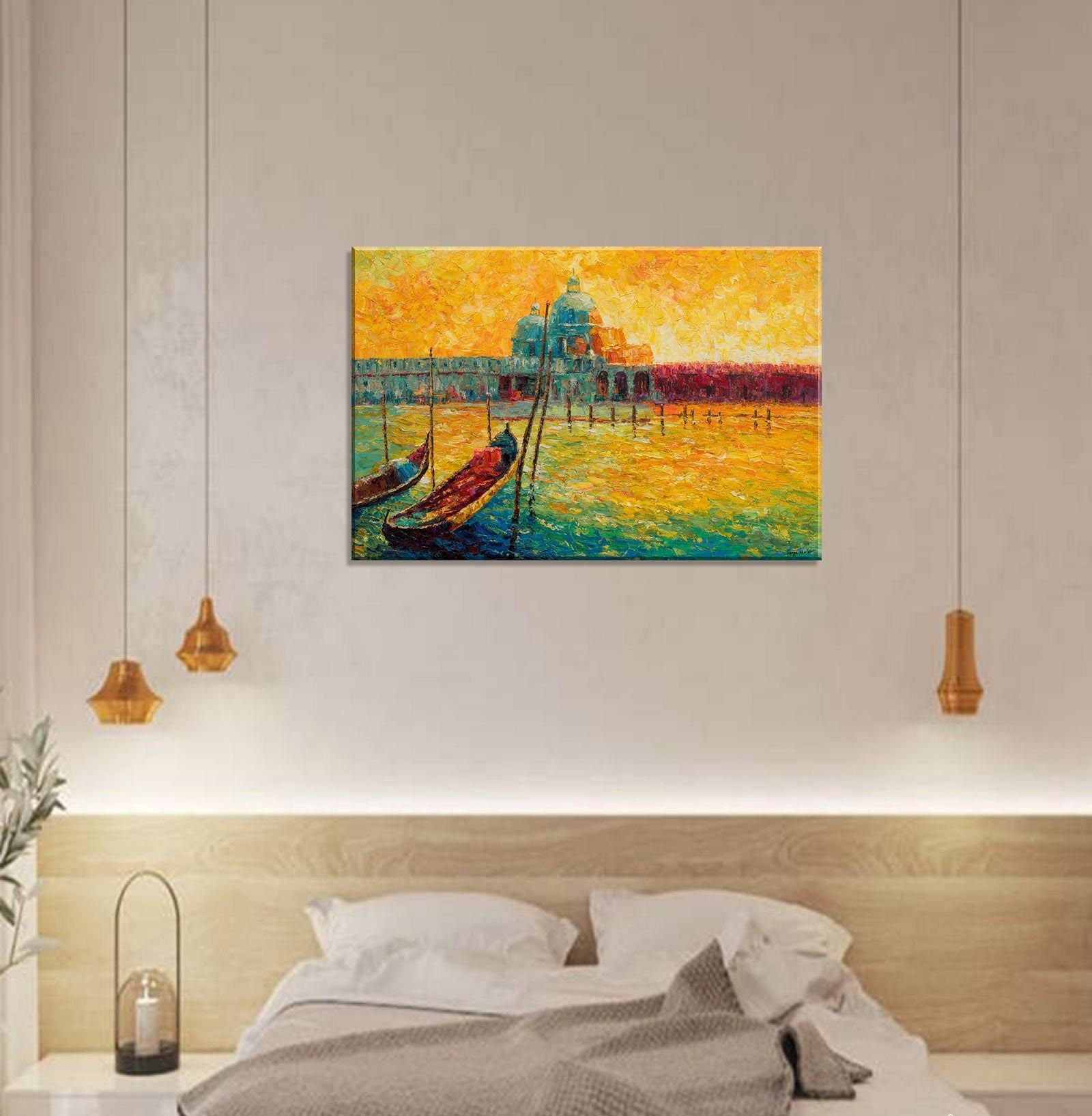Italian Venice Gondola Oil Painting Seascape, Large Oil Painting, Abstract Canvas Art, Living Room Art, Rustic Decor, Oil Painting Landscape