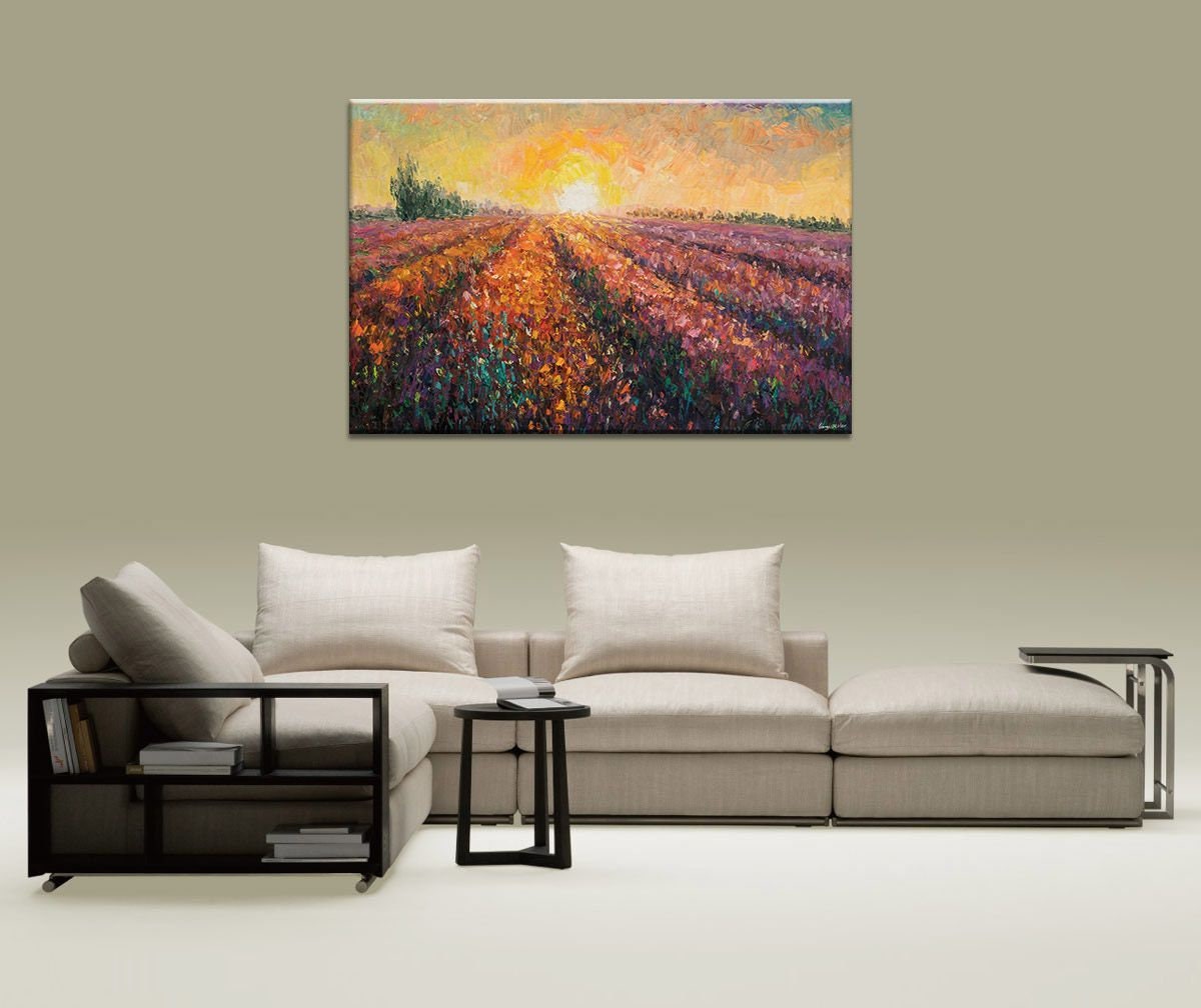 Provence Lavender Fields Sunrise Oil Painting, Large Canvas Painting, Original Landscape Painting, Modern Painting, Abstract Painting