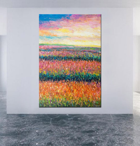 Oil Painting Tuscany Lavender Fields Sunset, Artwork, Oil On Canvas Painting, Hand Painted, Rustic Oil Painting, Impasto Oil Painting