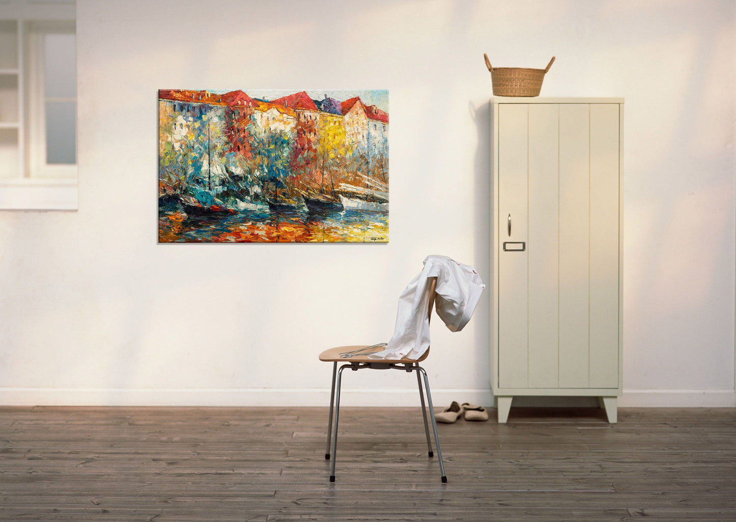 Oil Painting, Amsterdam Canal Oil Painting, Large Oil Painting, Abstract Canvas Art, Living Room Art, Rustic Décor, Oil Painting Boats Vivid