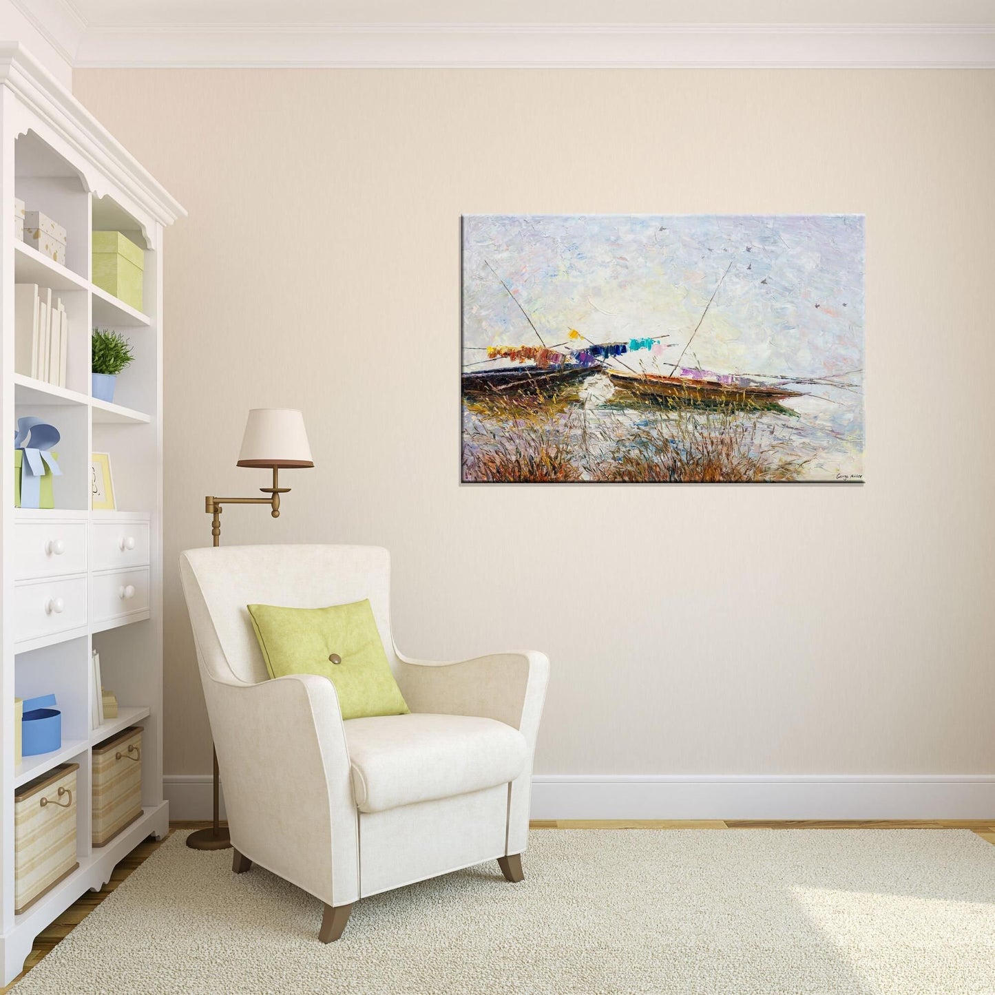Oil Painting, Palette Knife Painting, Seascape, Finshing Boats at Sea, Original Abstract Art, Modern Painting, Large Wall Decor, Original