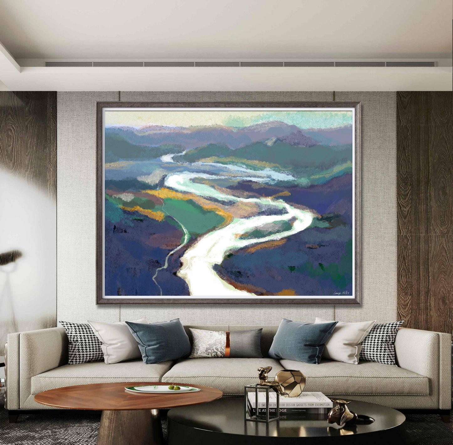 Giclée Print Landscape with Mountain and River, Abstract Artwork, Art Prints Watercolor, Artwork, Modern Wall Art, Dining Room Wall Art