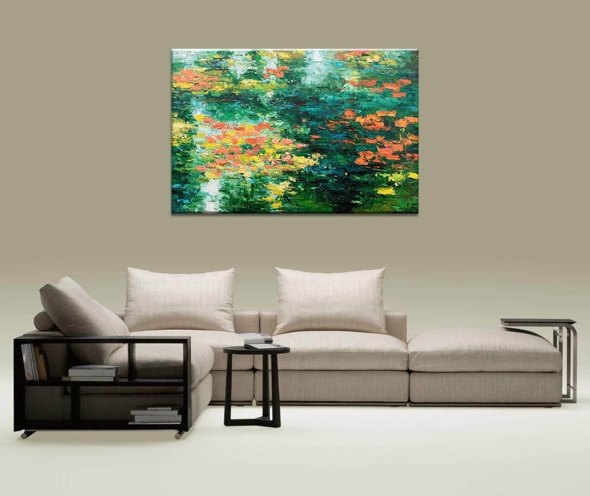 Modern Art Pond with Waterlilies, Canvas Wall Decor, Abstract Art, Large Painting, Original Canvas Painting, Original Landscape Painting