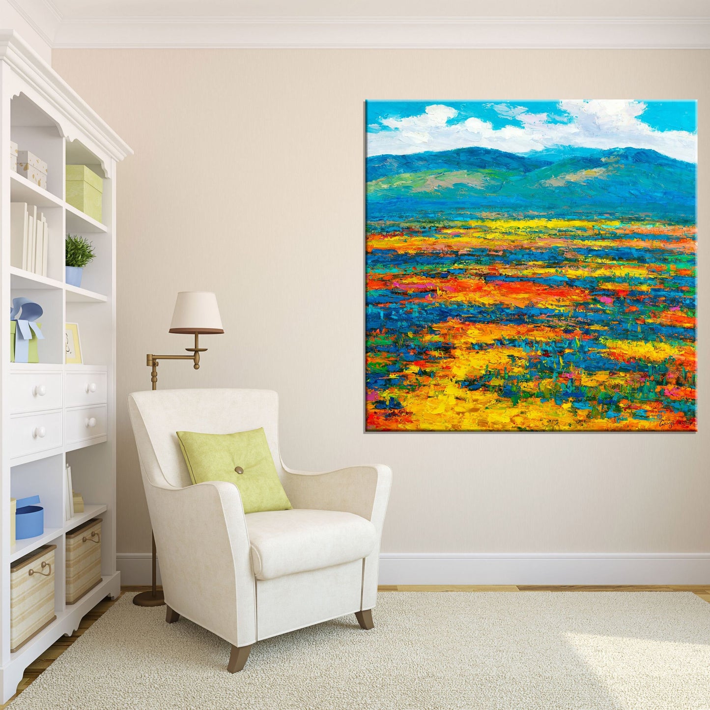 Original Oil Painting, Spring Moutain Fields with Flowers, Canvas Wall Decor, Rustic Living Room Decor, Original Landscape Painting, Art