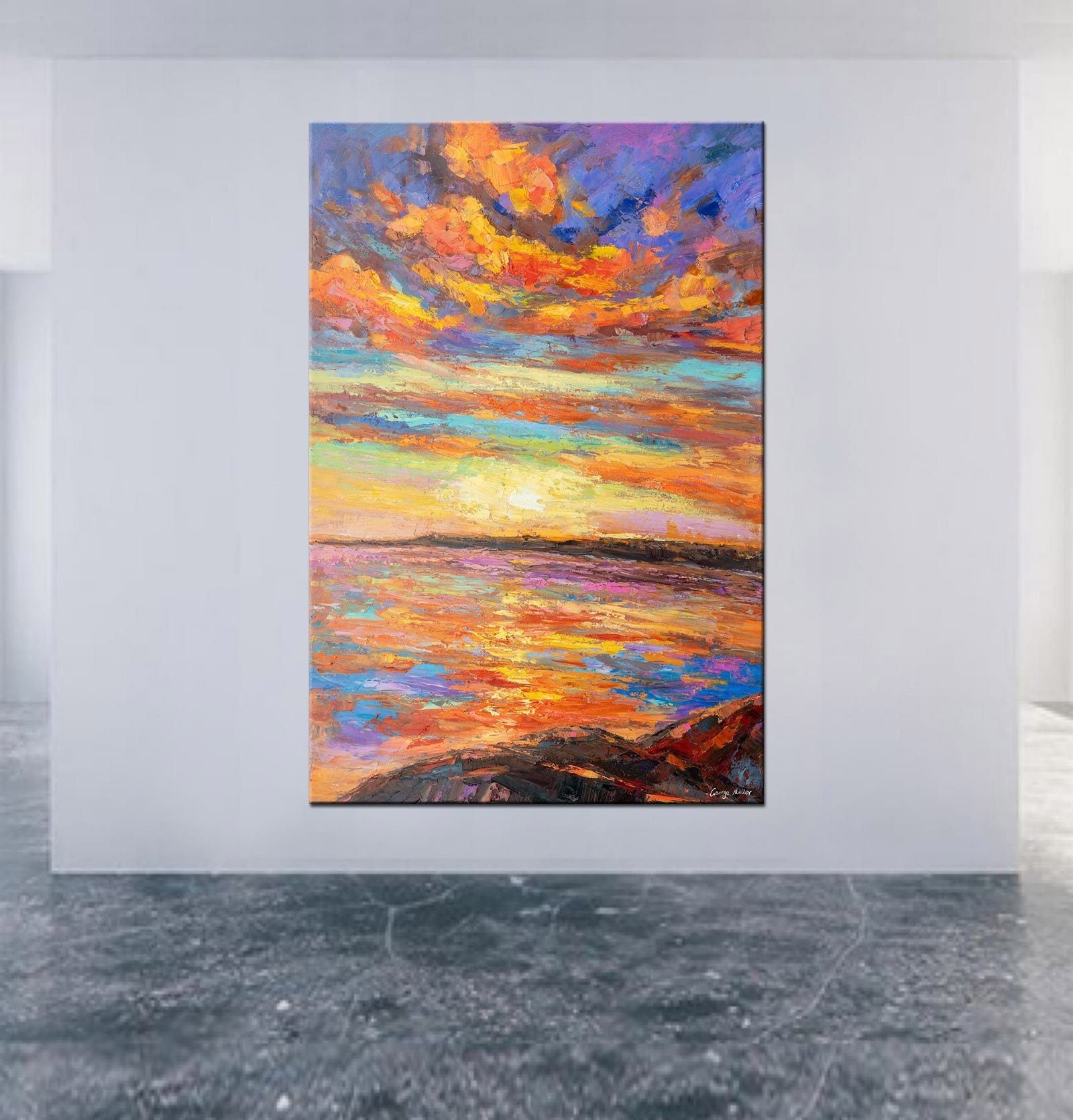 Seascape Sunset Oil Painting, Extra Large Wall Art Abstract, Landscape Painting, Wall Art, Landscape, Extra Large Wall Art Beach
