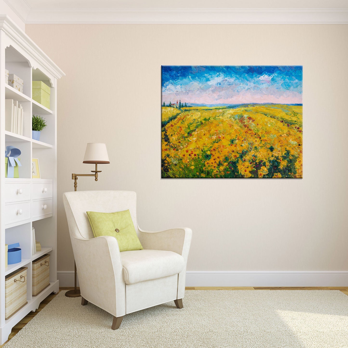Oil Painting, Italian Tuscany Landscape Painting, Sunflower Fields, Palette Knife Art, Oil Painting Abstract, Rustic Living Room Wall Art