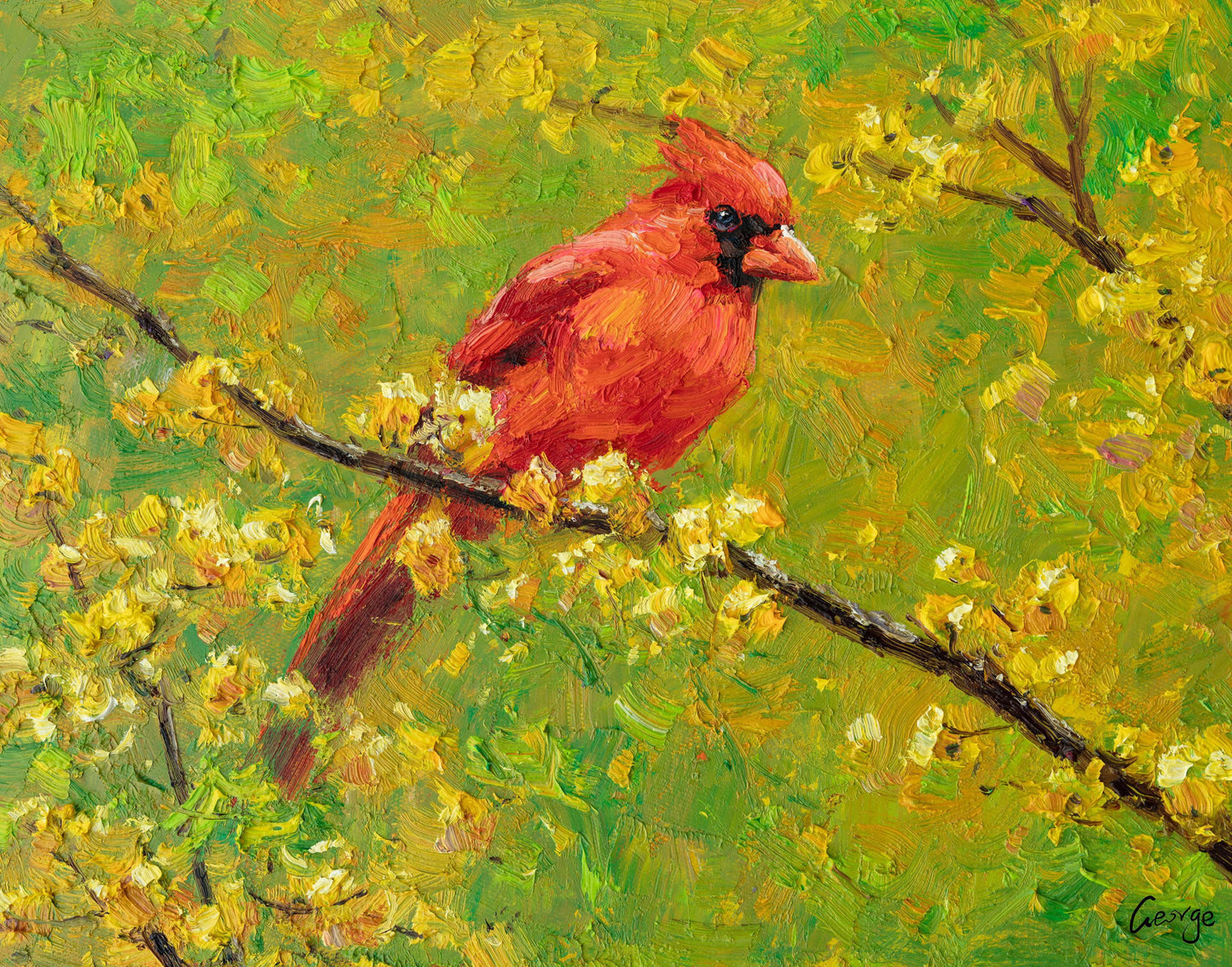 Original Oil Painting Northern Cardinal Male Bird, Contemporary Art, Abstract Painting, Abstract Canvas Painting, Contemporary Wall Art