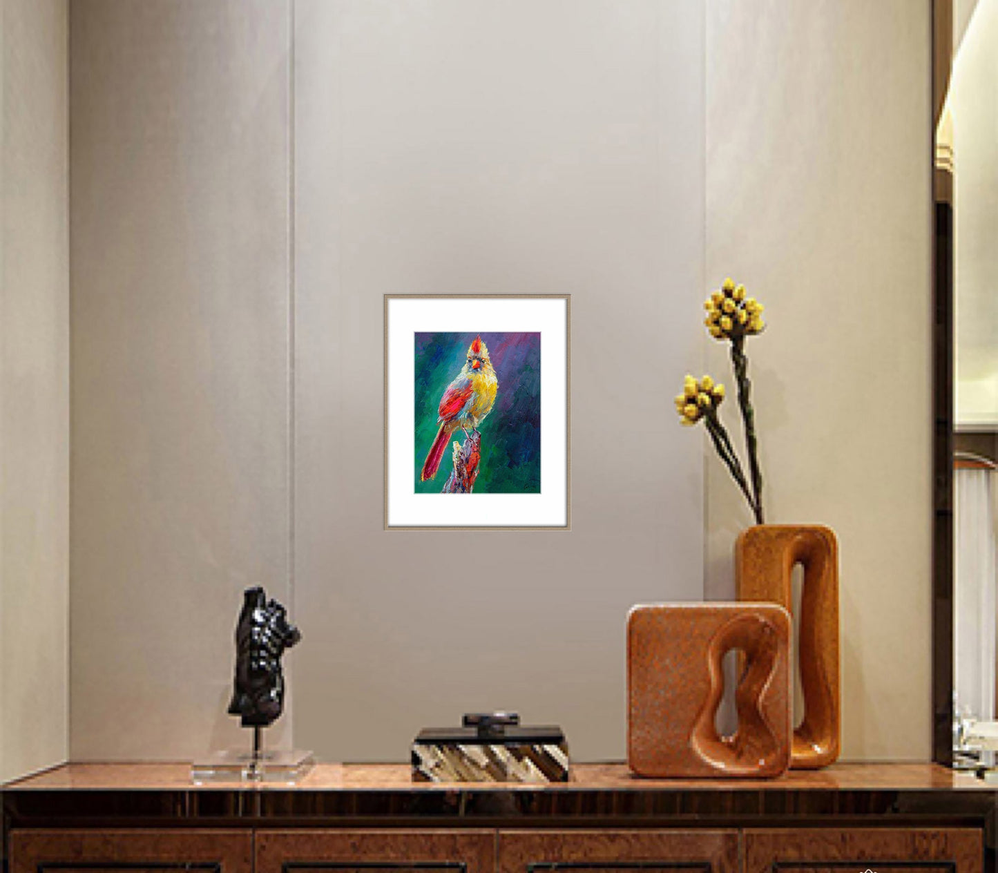 Oil Painting Bird, Northern Cardinal Female, Canvas Painting, Abstract Oil Painting, Kitchen Decor, Bird Painting, Modern Art, Original Art