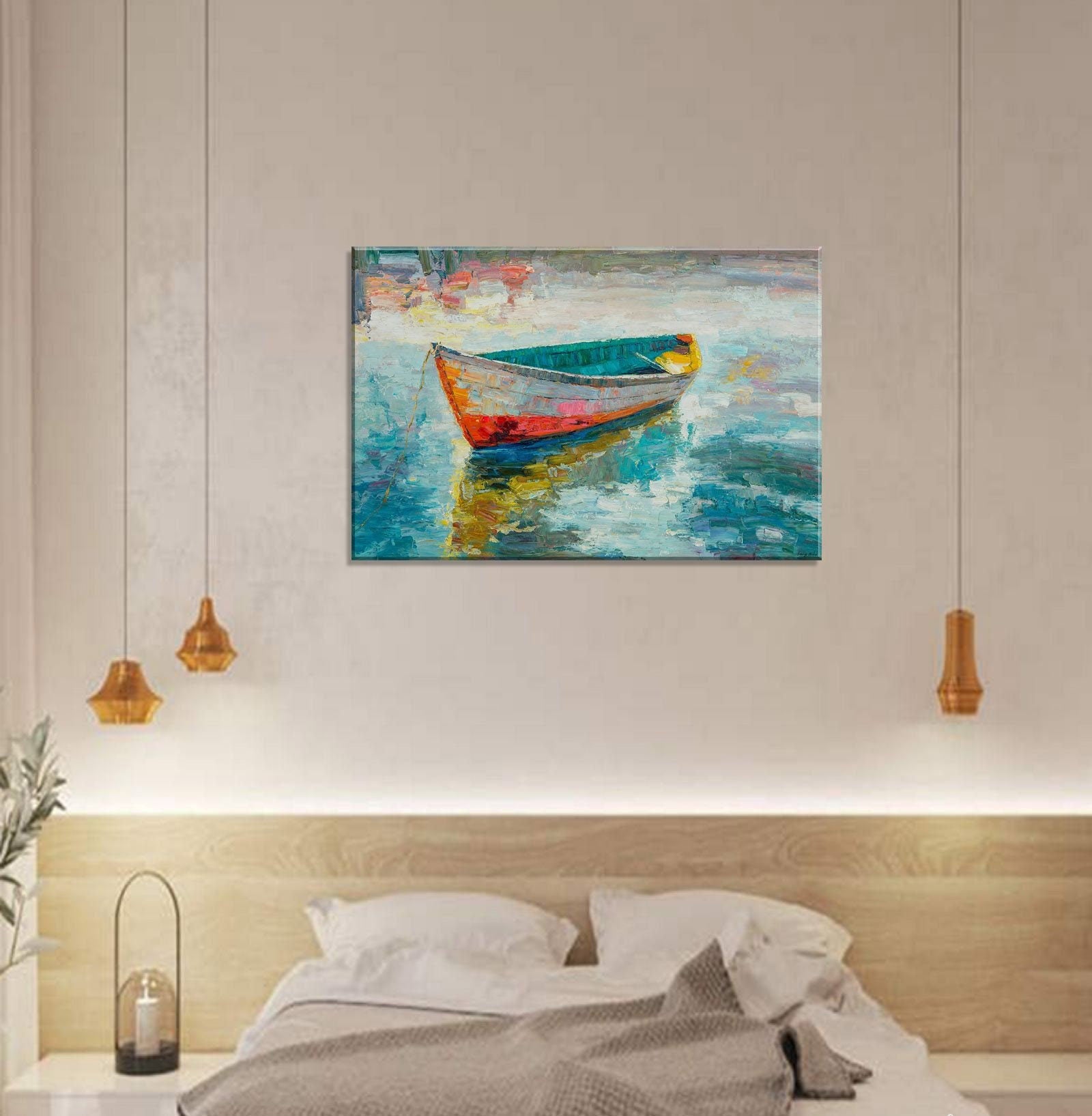 Boat on the Shore, Greek Islands Oil Painting, Original Oil Painting, Greek Islands, Ready 2024 to Hang, Seascape Oil Painting, Wall Art Decor