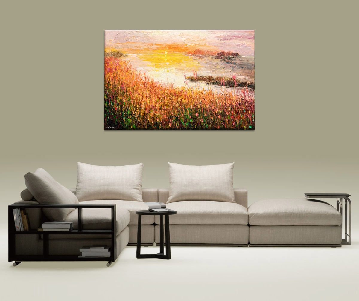 Landscape Painting, River Sunset, Original Art, Large Canvas Painting, Living Room Decor, Modern Art, Abstract Wall Art, Abstract Canvas Art