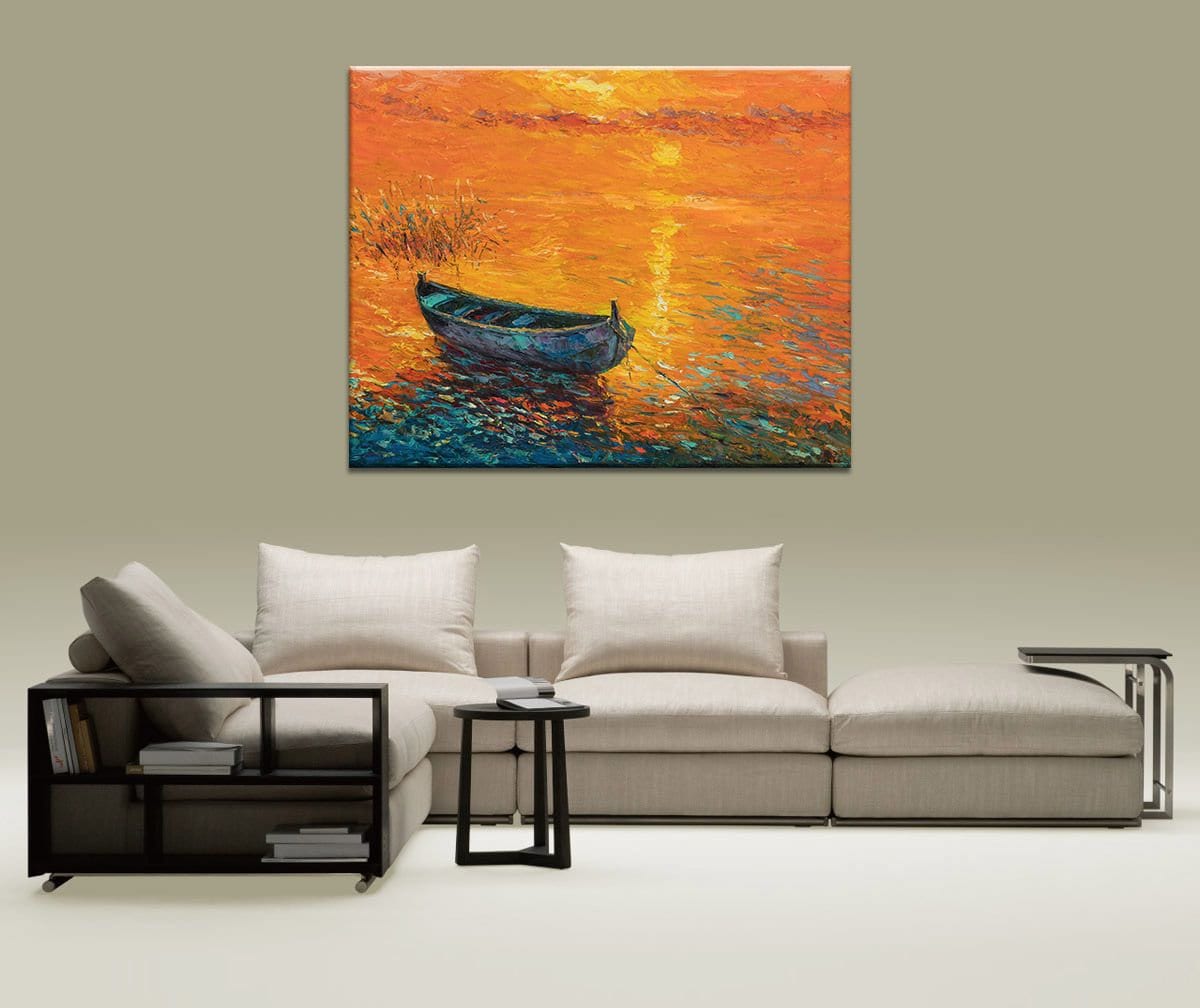 Oil Painting Seascape, Large Oil Painting, Fishing Boat Sunset, Contemporary Painting, Large  Wall Art, Original Painting, Canvas Painting