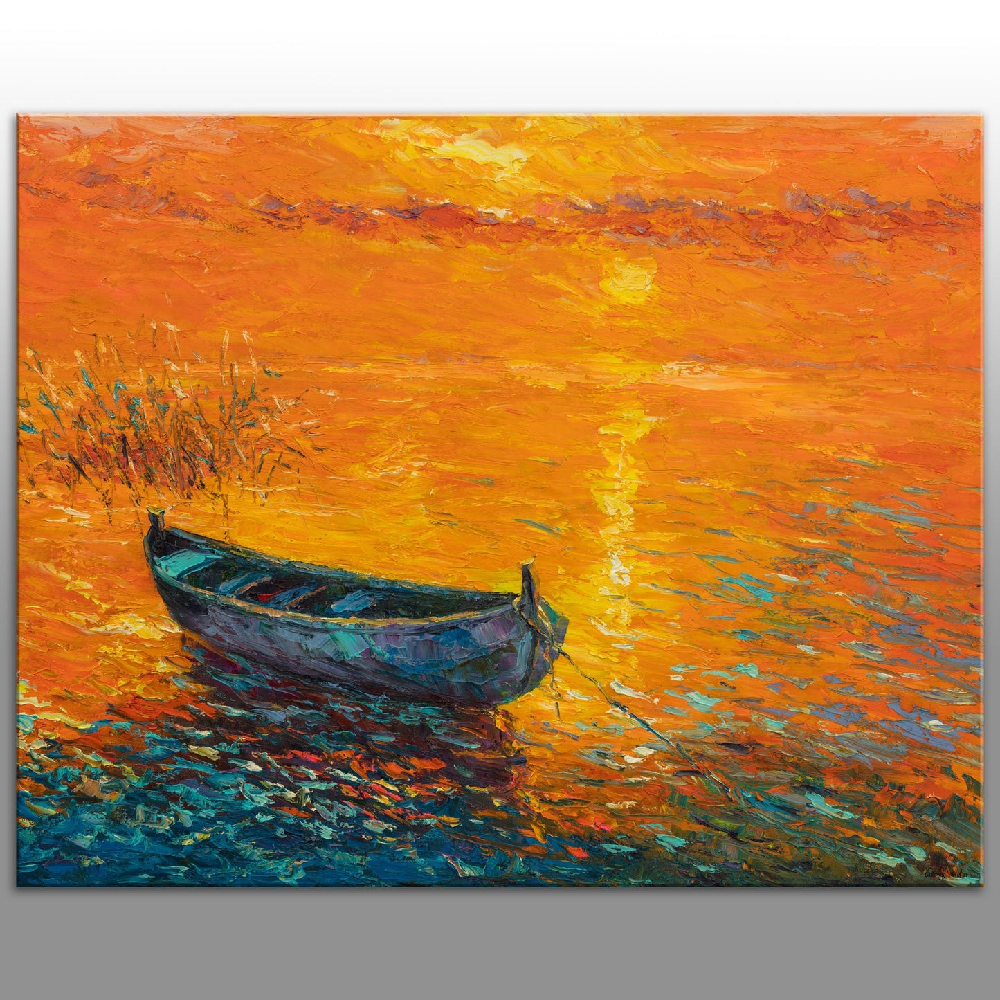 Fishing Boats At Sunset Folk Art Watercolour Painting Premium Wall Art  Canvas Print 18X24 Inch