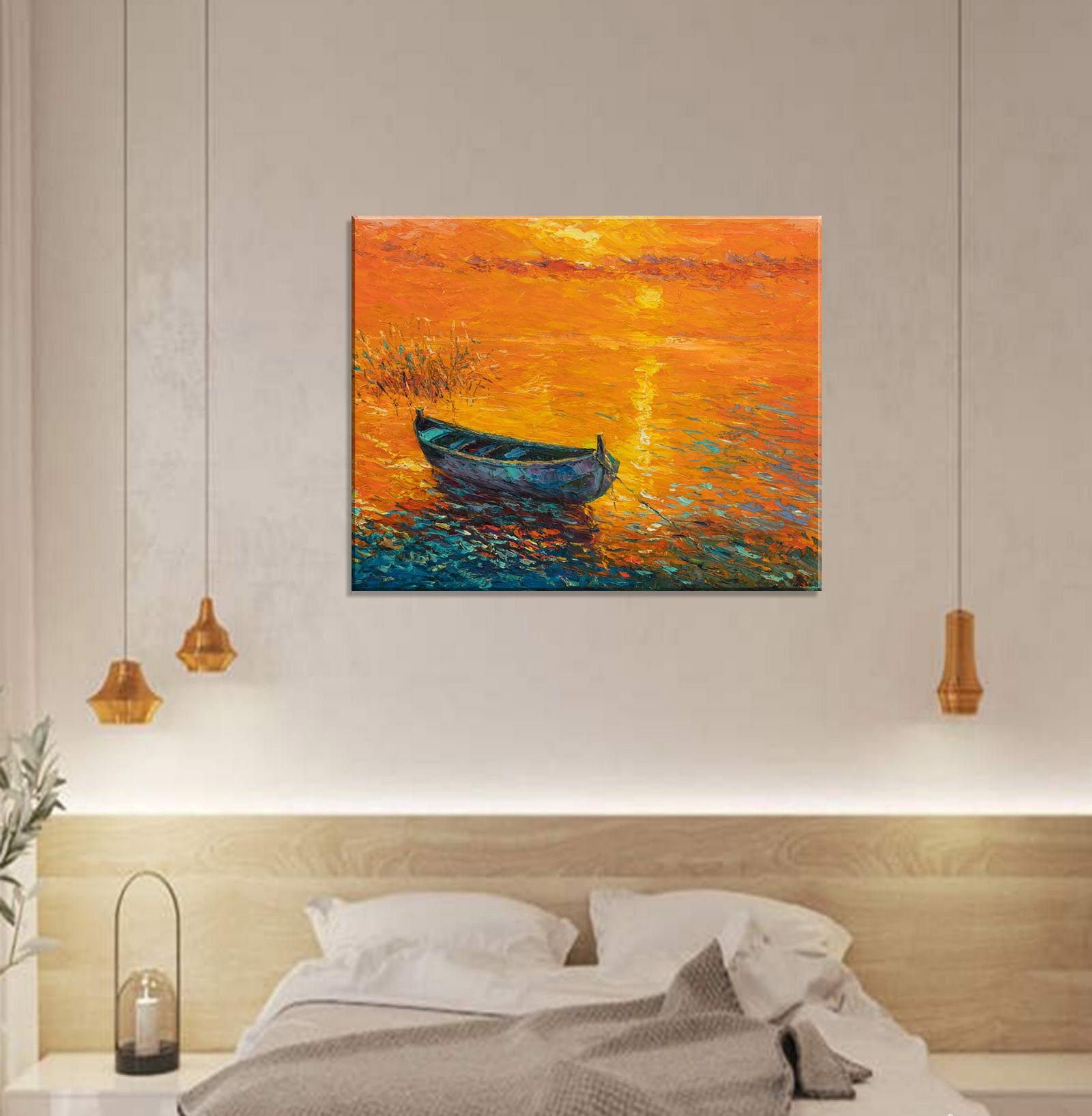 Oil Painting Seascape, Large Oil Painting, Fishing Boat Sunset, Contemporary Painting, Large  Wall Art, Original Painting, Canvas Painting