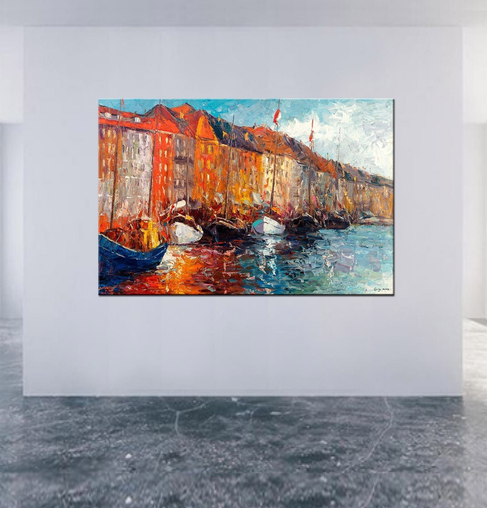 Oil Painting Amsterdam Canal Boats, Large Oil Painting, Original Abstract Art, Original Oil Painting Landscape, Oil Painting Abstract