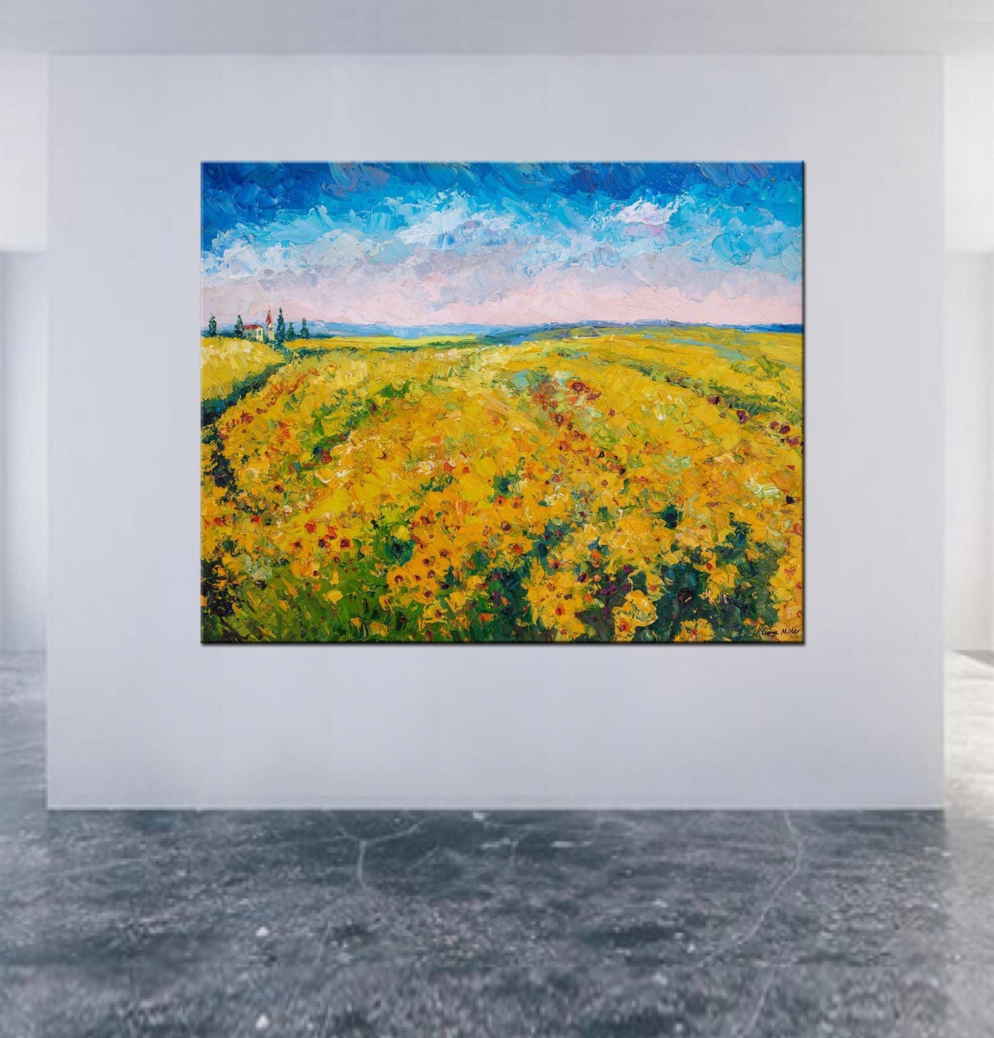 Oil Painting, Italian Tuscany Landscape Painting, Sunflower Fields, Palette Knife Art, Oil Painting Abstract, Rustic Living Room Wall Art