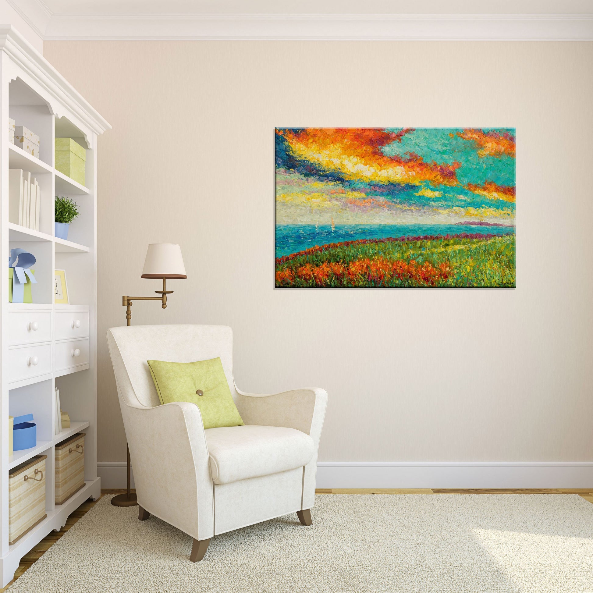 Oil Painting by the Seashore, Abstract Canvas Art, Original Oil Painting, Living Room Art, Landscape Painting, Modern Painting, Large Art