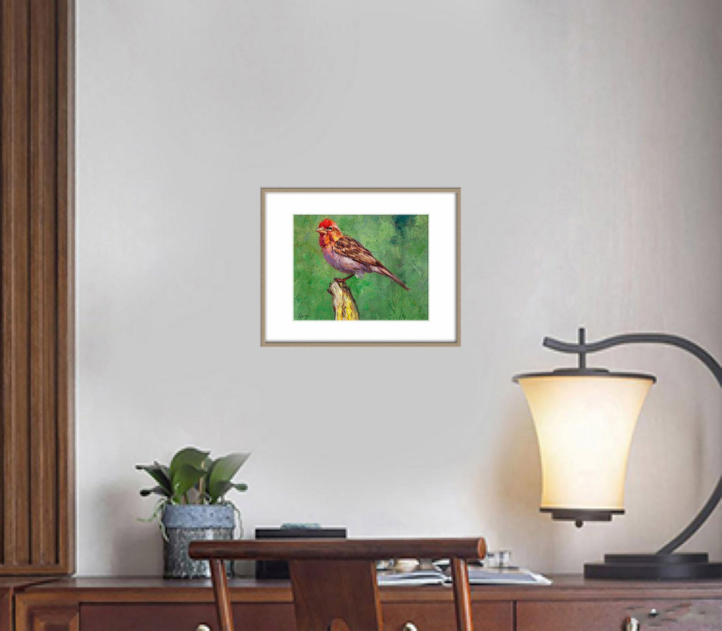 Oil Painting House Finch Bird Artwork, Contemporary Art, Living Room Wall Decor, Painting Abstract, Canvas Wall Decor, Original Painting