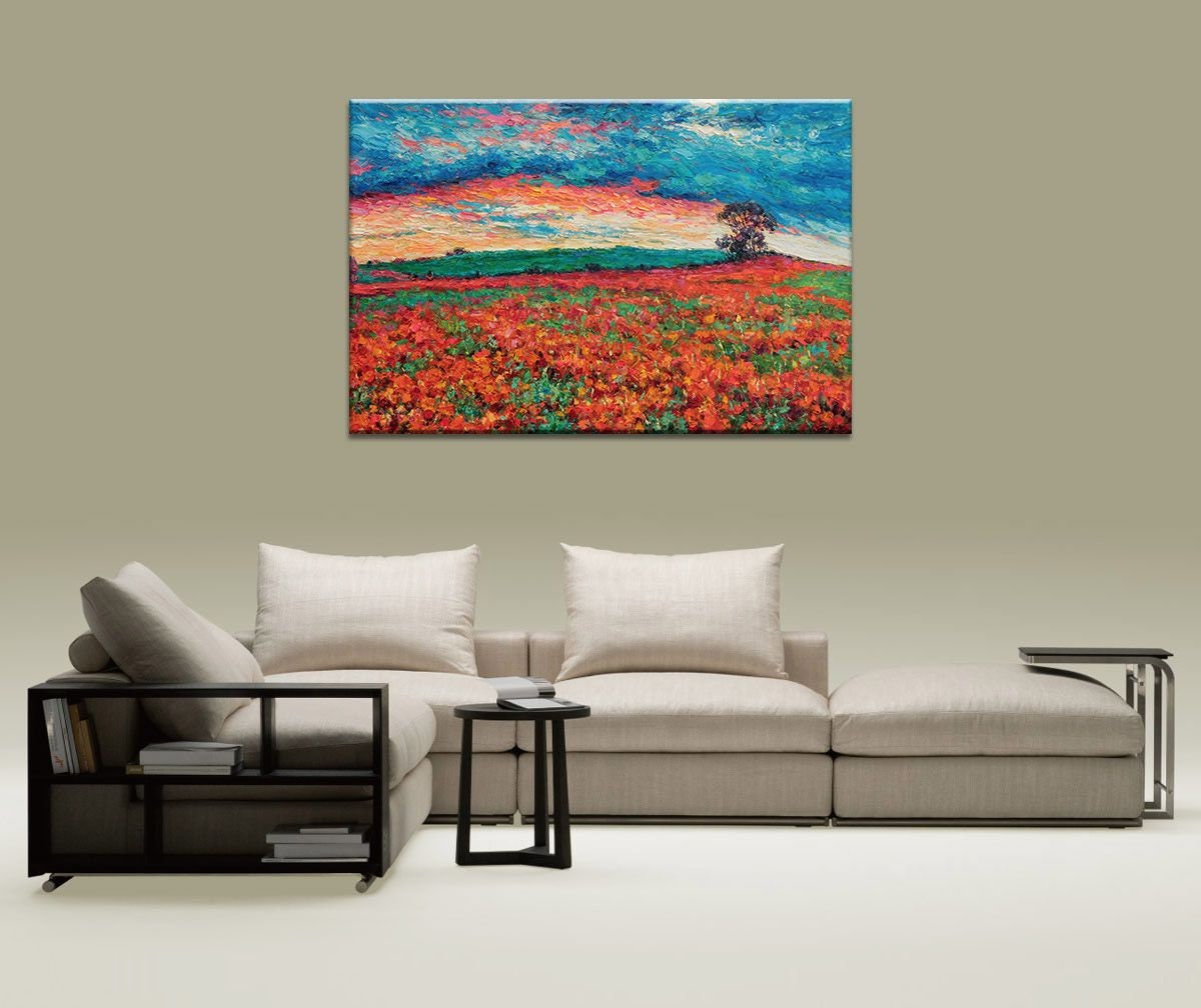Landscape Oil Painting Red Poppy Fields, Wall Art, Unique Wall Art, Home Decor Modern, Large Abstract Art, Palette Knife Original Painting