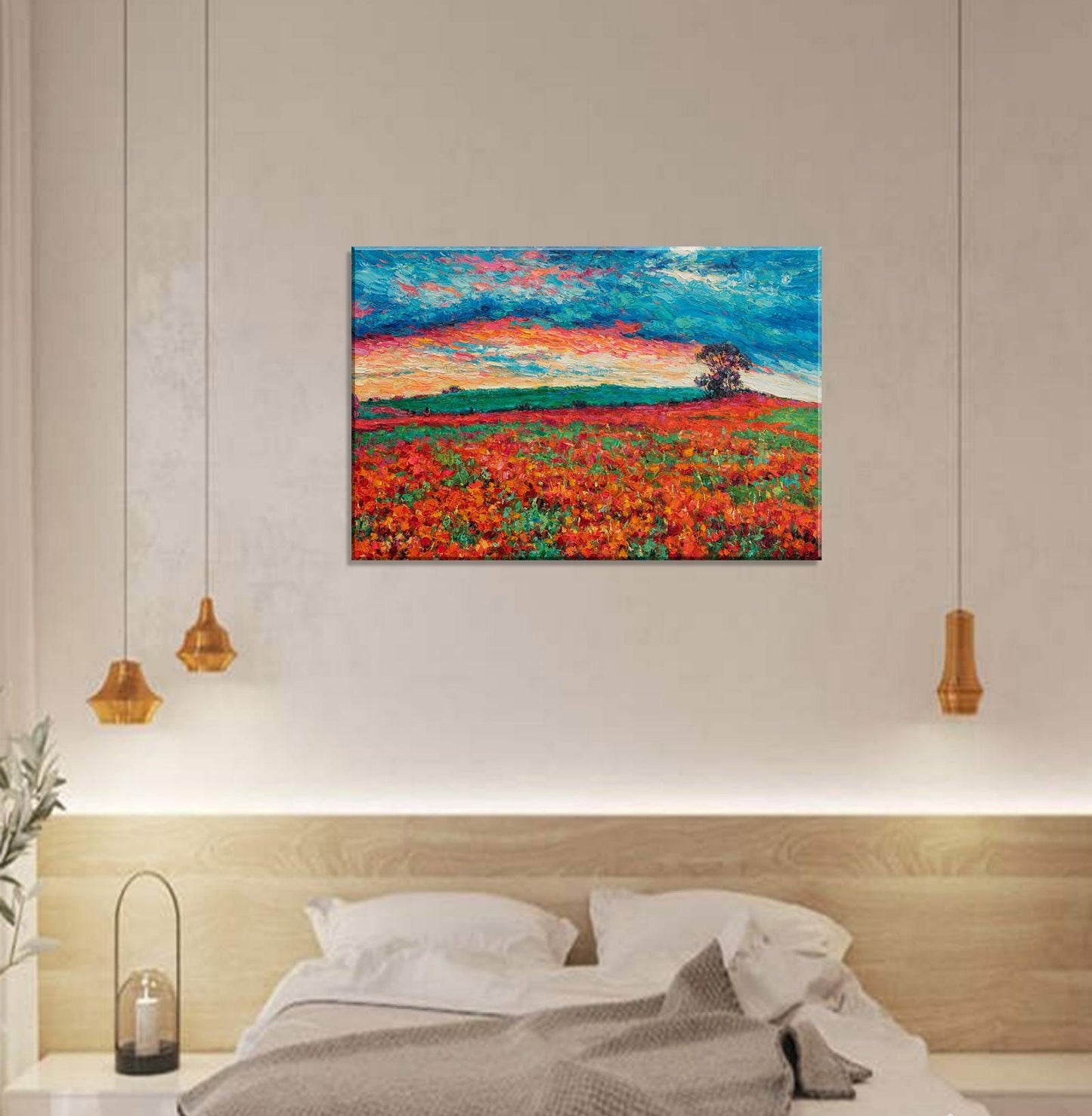 Landscape Oil Painting Red Poppy Fields, Wall Art, Unique Wall Art, Home Decor Modern, Large Abstract Art, Palette Knife Original Painting