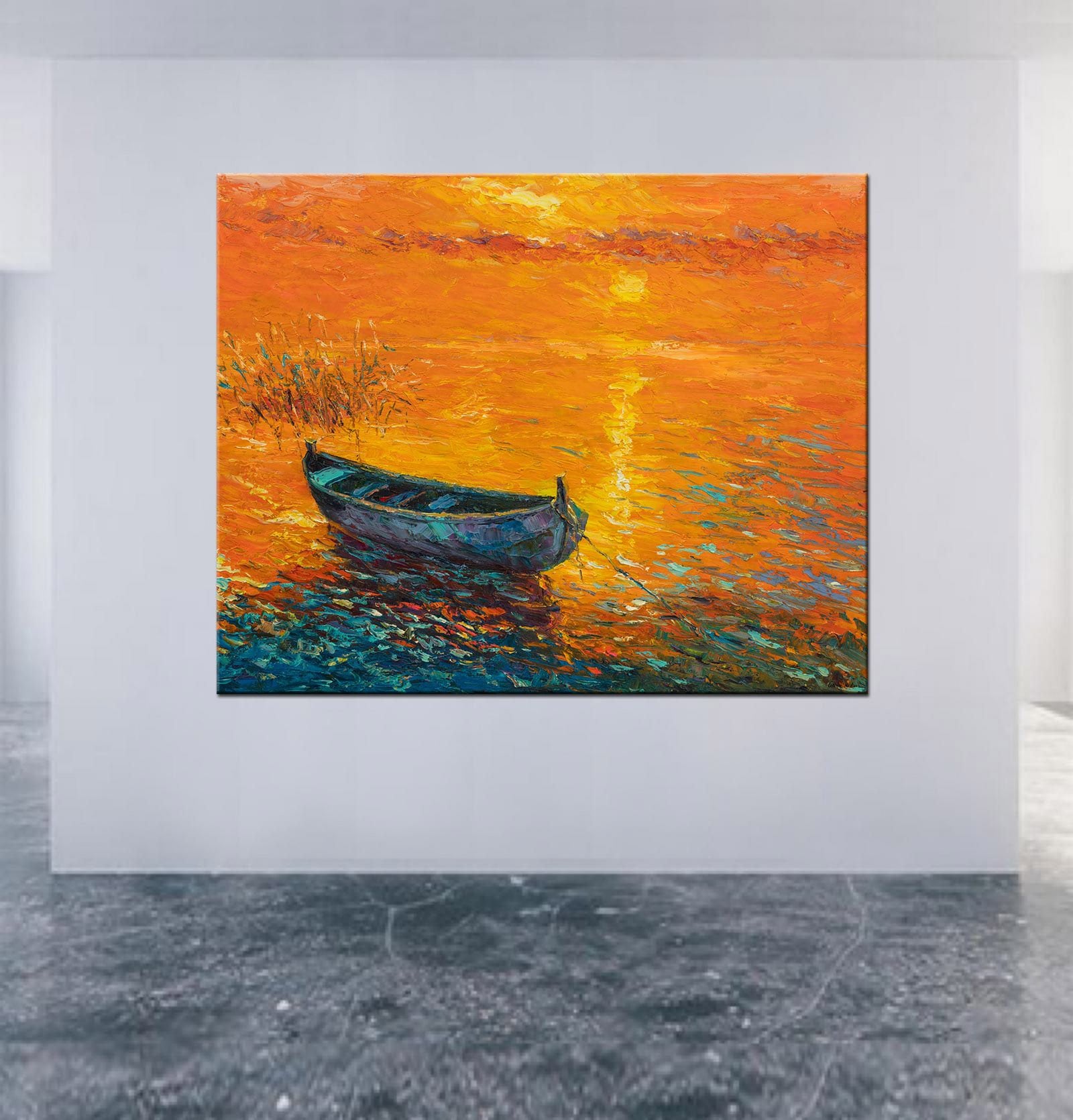 Oil Painting Seascape: Large Wall Art | Fishing Boat Sunset | Contemporary  32x40, Contemporary Painting, Large Wall Art