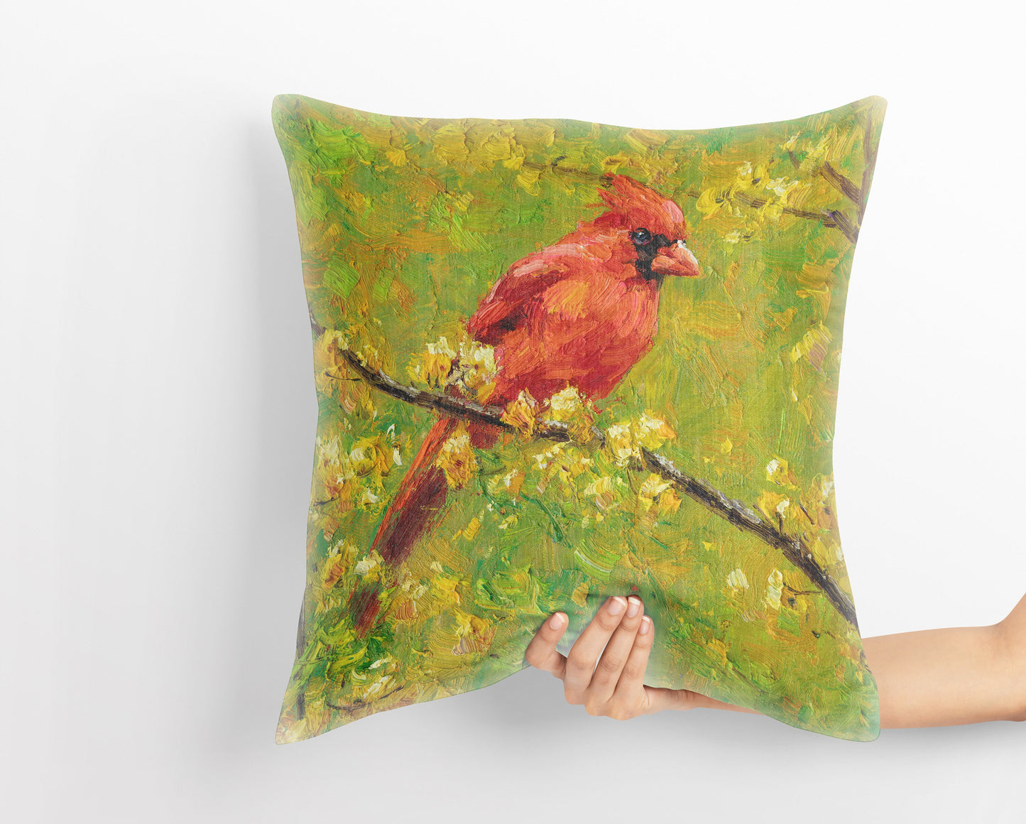 Pillow Cover, Northern Cardinal Male Red Bird Pillow, Comfortable, Bright Yellow Pillow, Fun Throw Pillows, Square, Home Decor Pillow