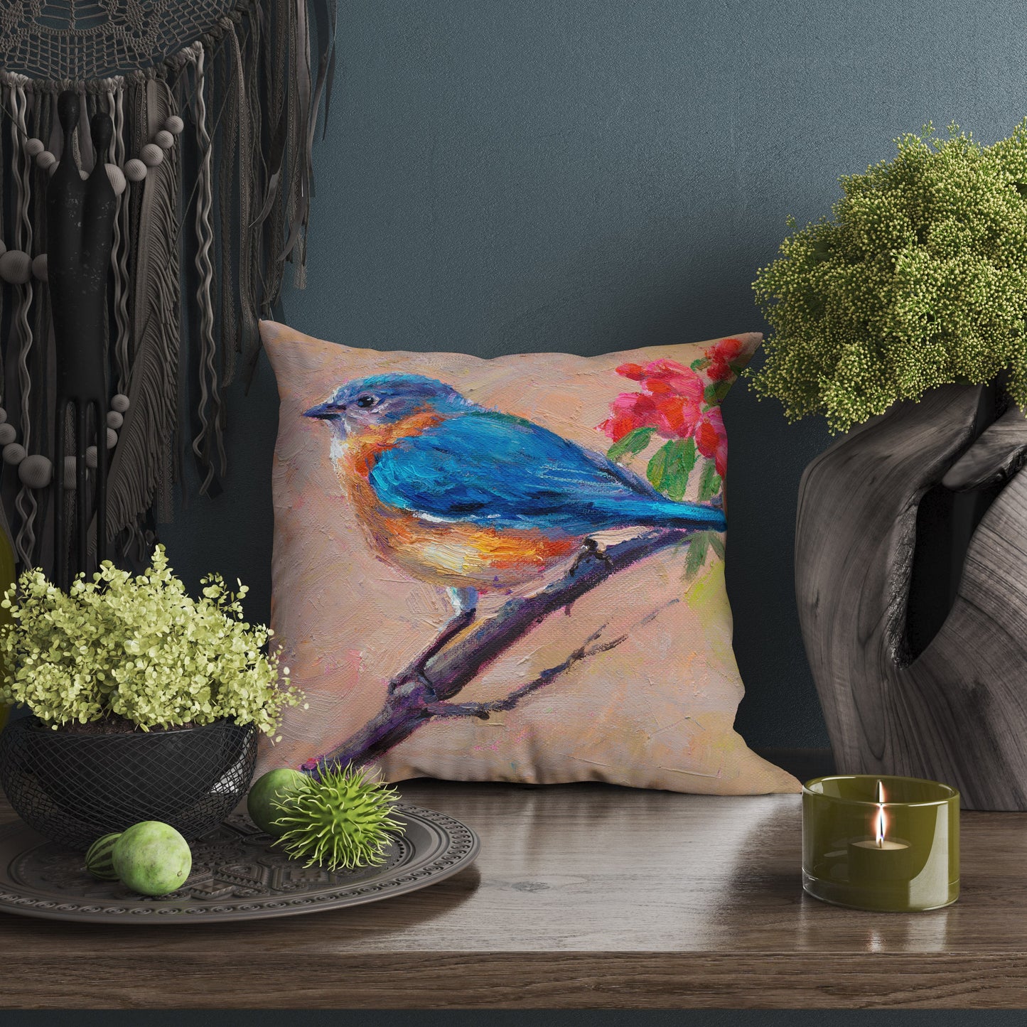 Throw Pillow, Blue Bird Pillow, Comfortable, Red Pillow Cases, Beautiful Pillow, 16X16 Case, Home Decor Pillow