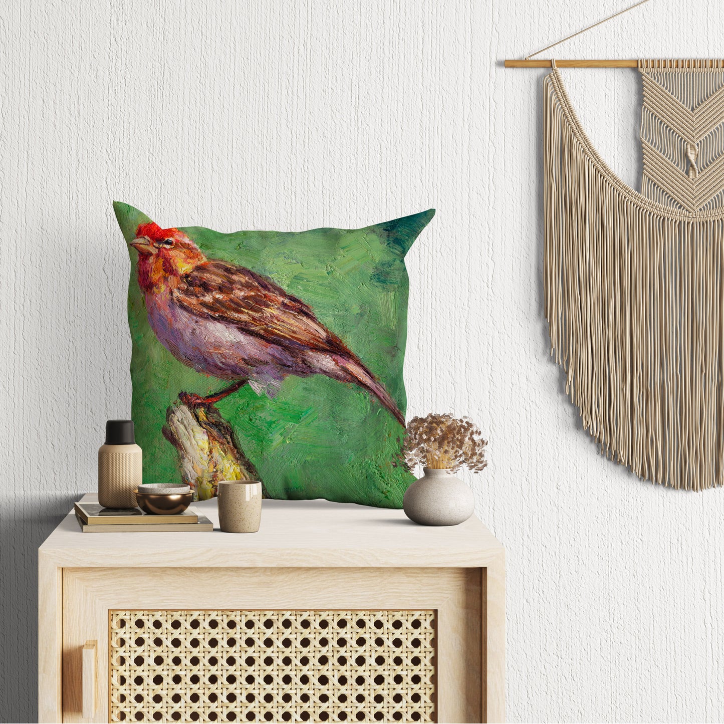 Throw Pillow, House Finch Bird Pillow, Comfortable, Bright Yellow Pillow, Fun Throw Pillows, 20X20 Pillow Cover, Home Decor Pillow