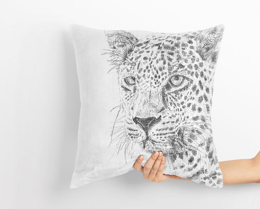 Leopard Big Cat Wildlife Throw Pillow Cover, Animal Pillow, Artist Pillow, Black White Pillow, Housewarming Gift, Indoor Pillow Cases