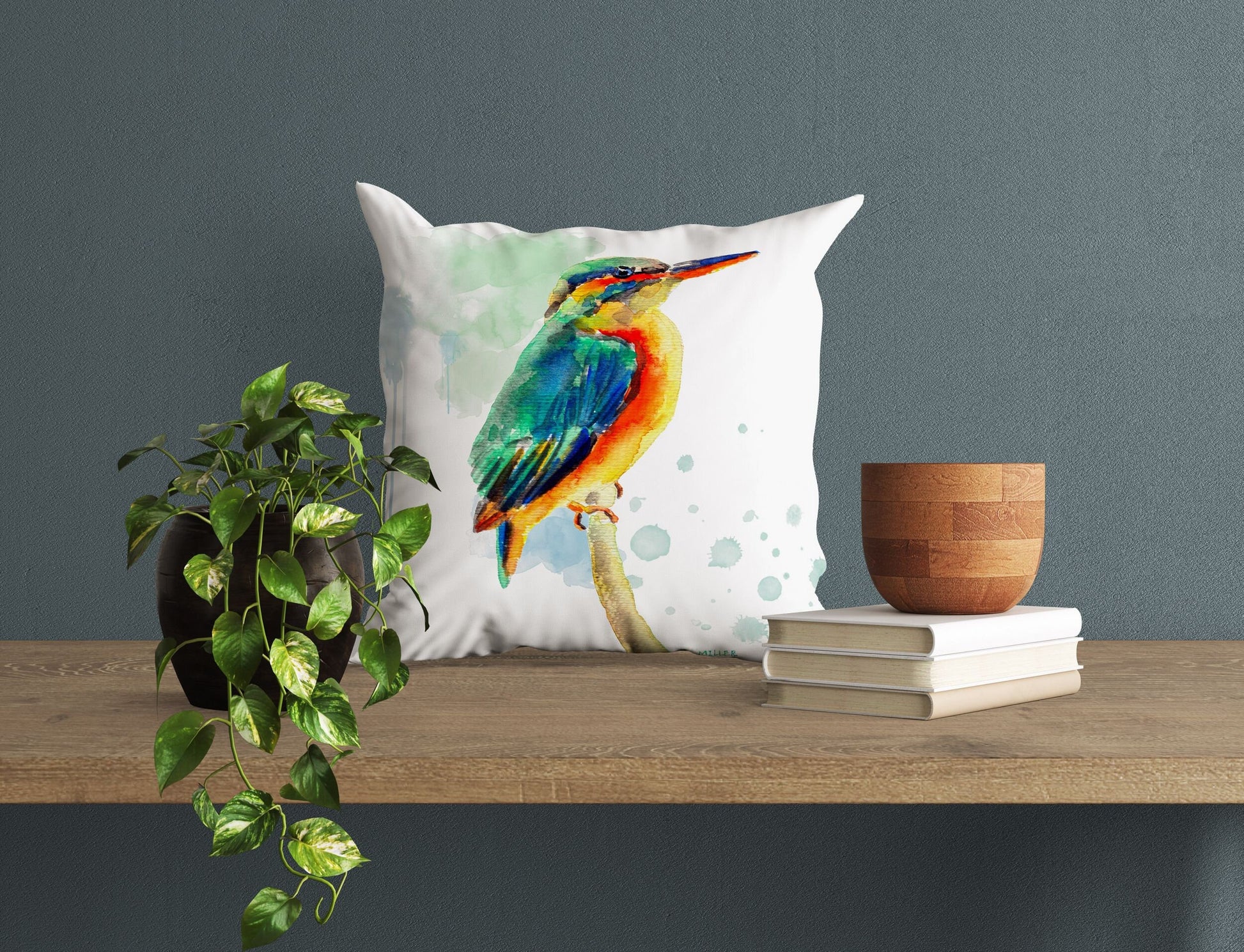 Kingfisher Decorative Pillow, Animal Pillow, Art Pillow, Bright Yellow Pillow, Watercolor Pillow Cases, Pillow Covers 20X20, Nursery Pillows