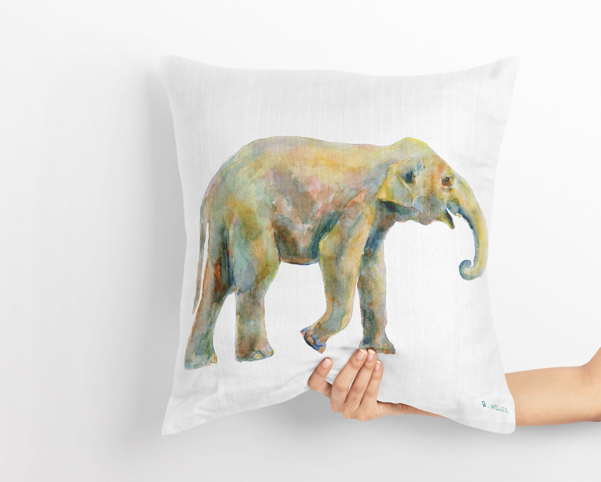 Baby Elephant Cute Pillow Cases, Pillow Cases For Kids, Animal Pillow, Art Pillow, Green Pillow Cases, Watercolor Pillow Cases