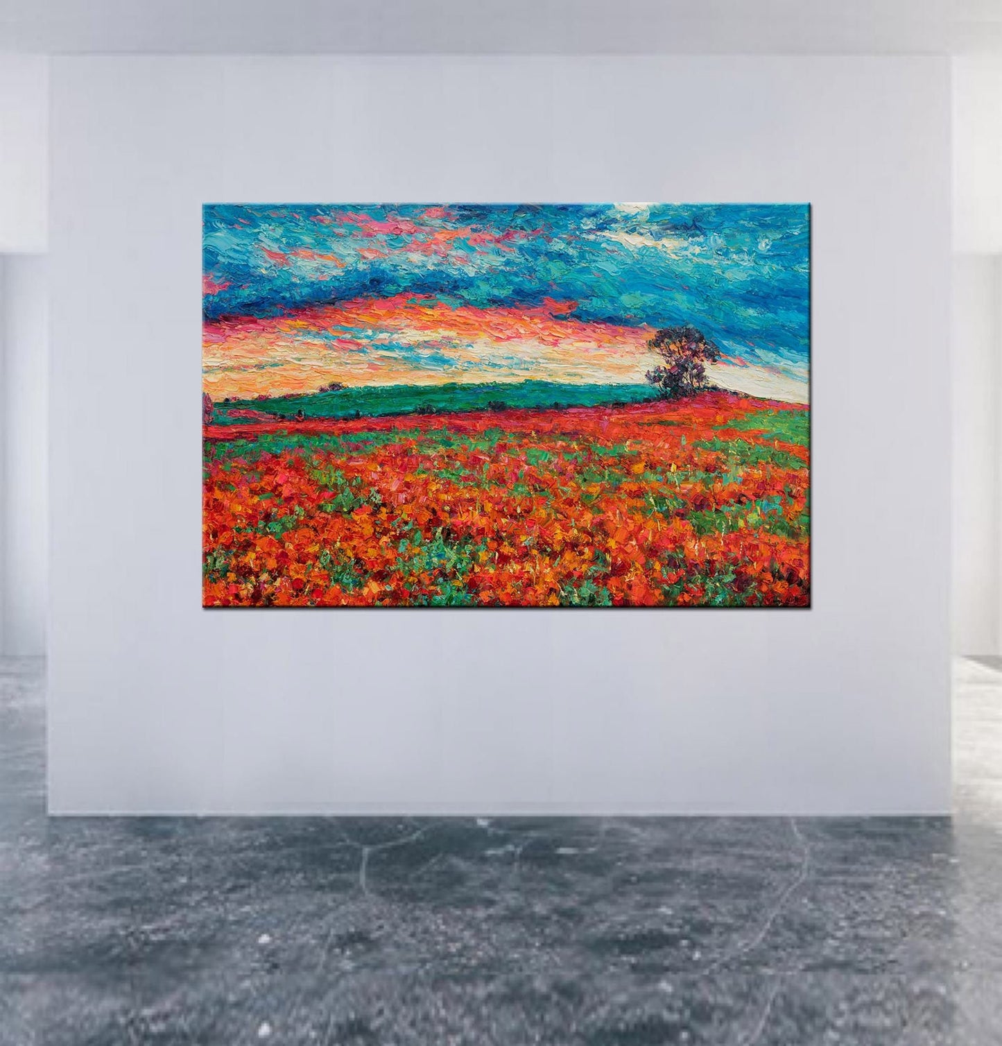 Landscape Oil Painting Red Poppy Fields, Wall Art, Unique Wall Art, Home Decor Modern, Large Abstract Art, Palette Knife Original Painting