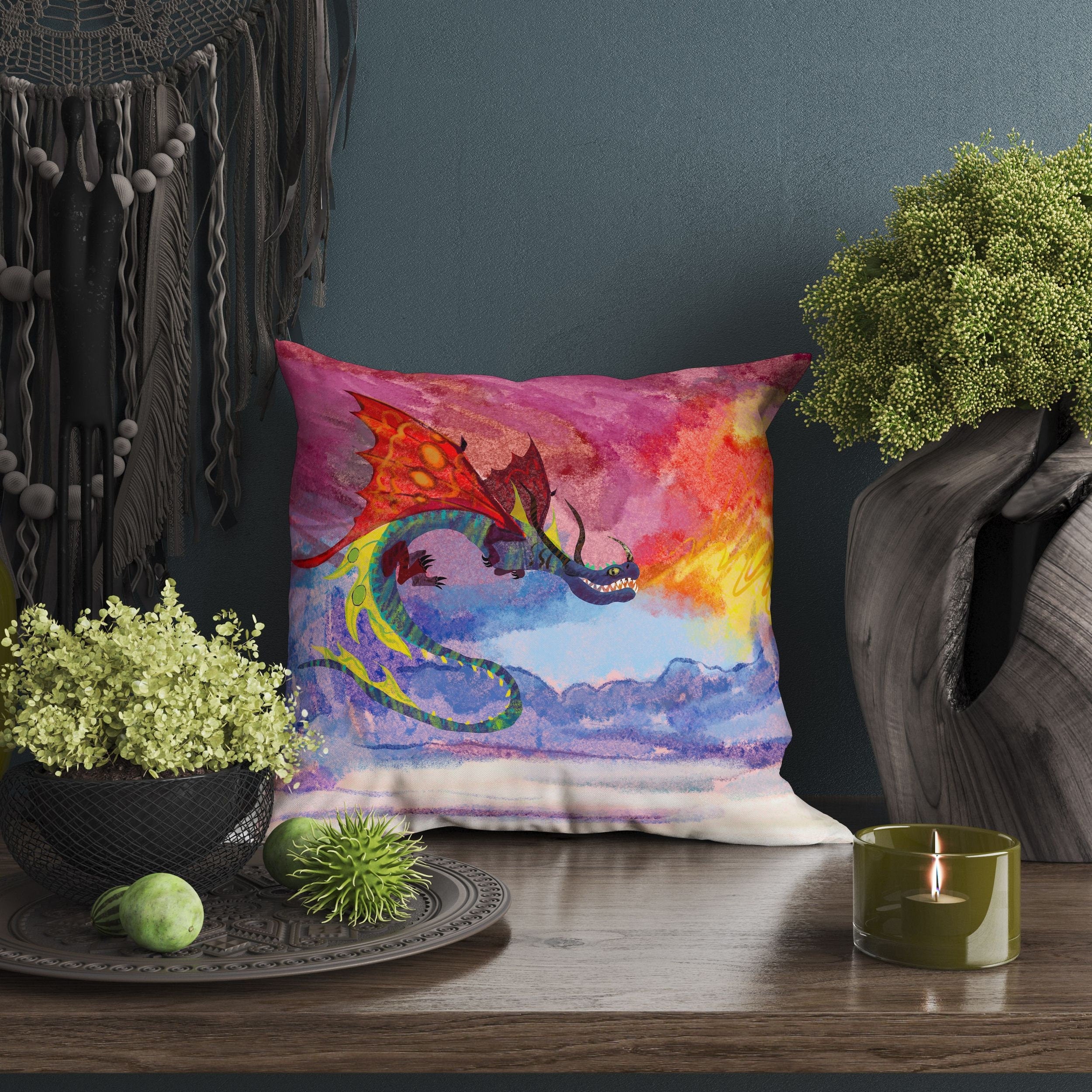 Fire Breathing Dragon Fantasy Pillow Cases For Kids Throw Pillow Abs georgemillerart