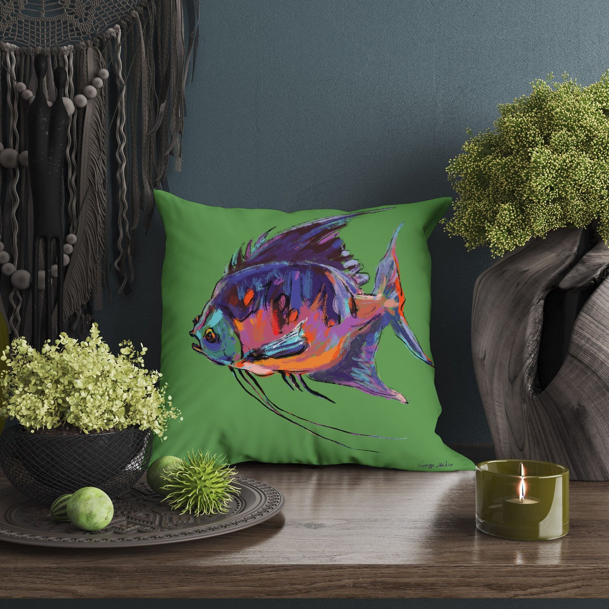 Tropical Fish Decorative Pillow, Tropical Pillow Cases, Green Pillow Cases, 20X20 Pillow Cover, Housewarming Gift, Nursery Decor