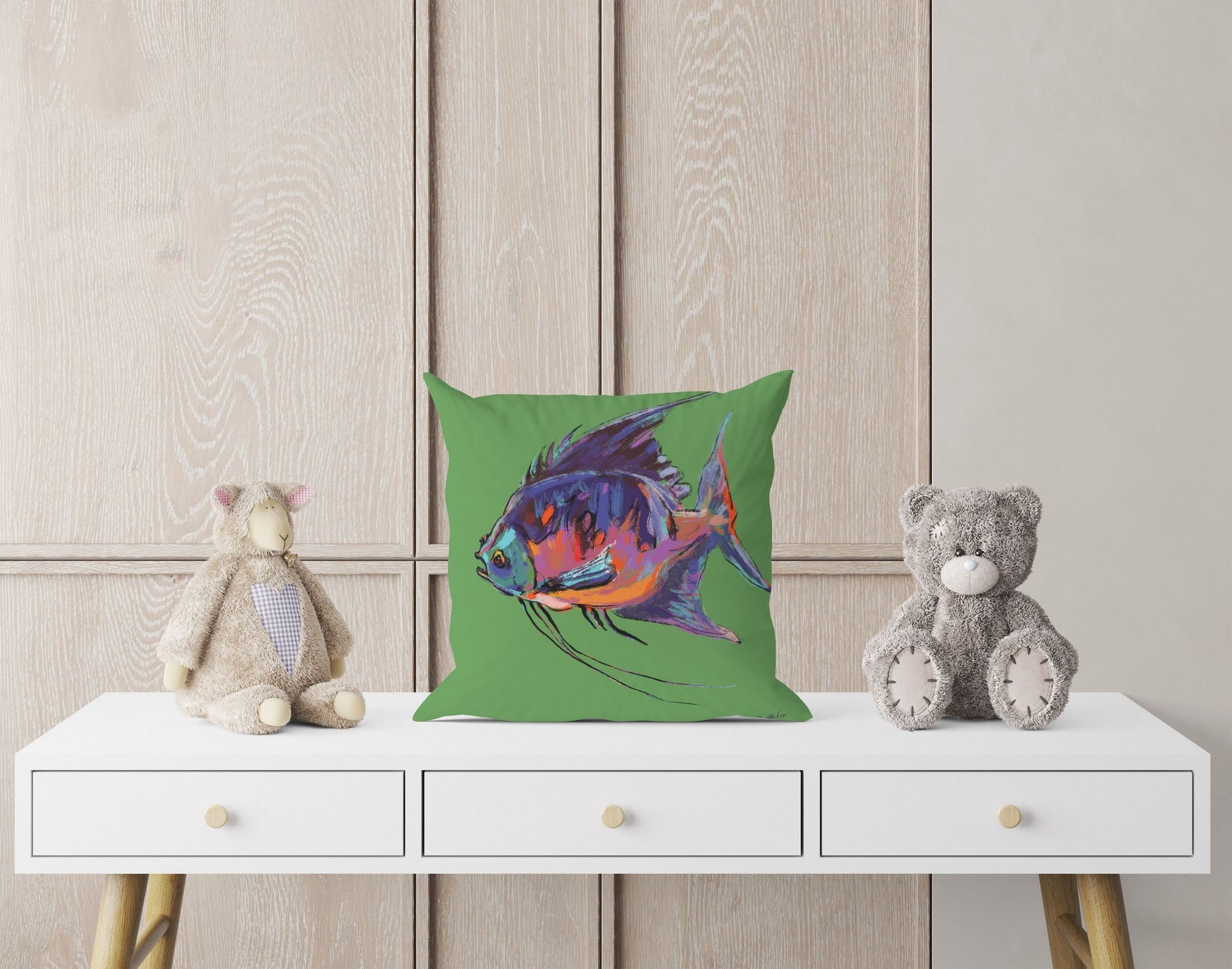 Tropical Fish Decorative Pillow, Tropical Pillow Cases, Green Pillow Cases, 20X20 Pillow Cover, Housewarming Gift, Nursery Decor