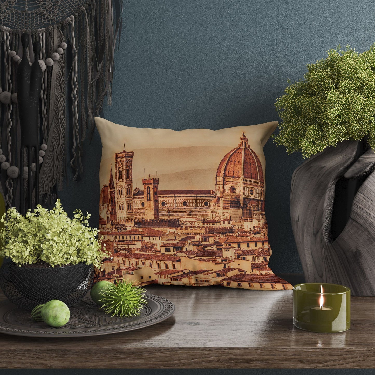 Throw Pillow, Florence Cathedral Italian Cityscape Retro , Designer Pillow, Orange Pillow, Watercolor Pillow Cases, Housewarming Gift